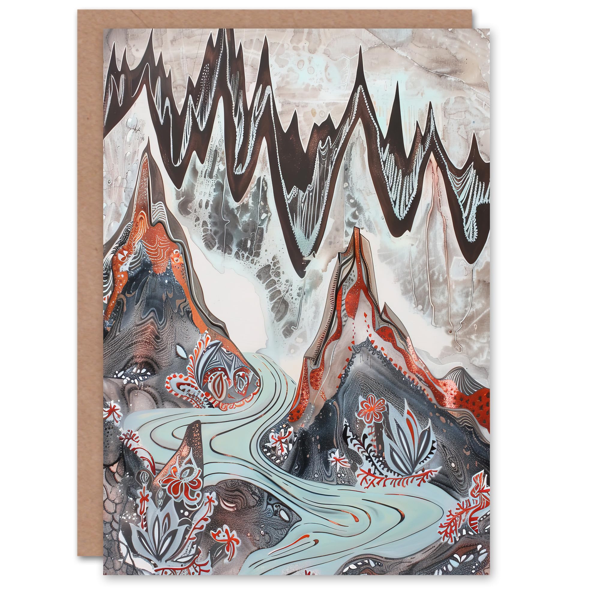 Artery8 Greeting Card Spiky Mountains River Trippy Floral Folk Art Blank For Him Or Her Art Birthday Card