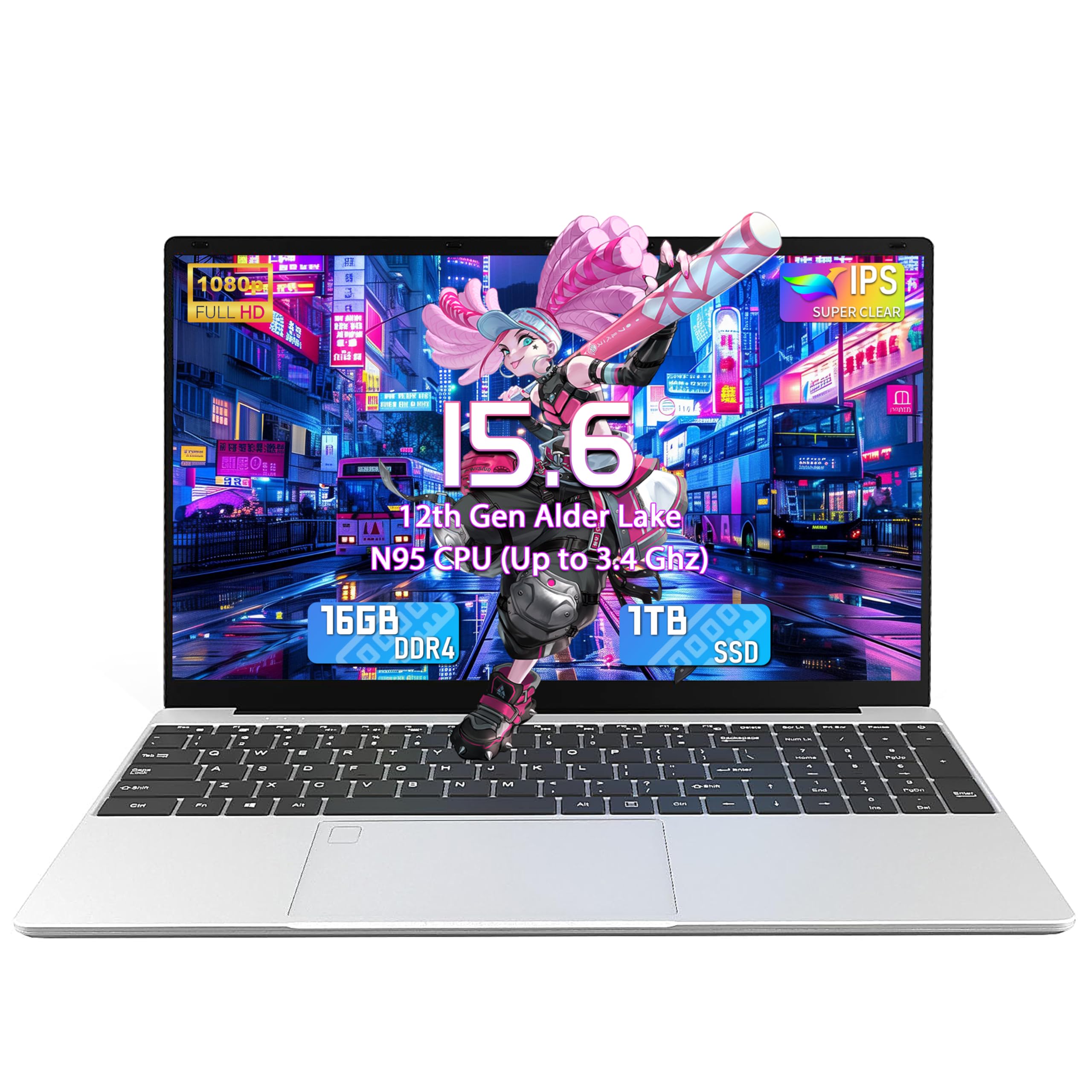 Amita Laptop 15,6 Zoll Full HD, N95 Prozessor bis 3,4 GHz, 16 GB RAM, M.2 SSD, Hintergrundbeleuchtete Tastatur mit Nummernblock, Fingerabdrucksensor, Dualband-WiFi 5, BT 4.2(16GB RAM+1TB SSD)