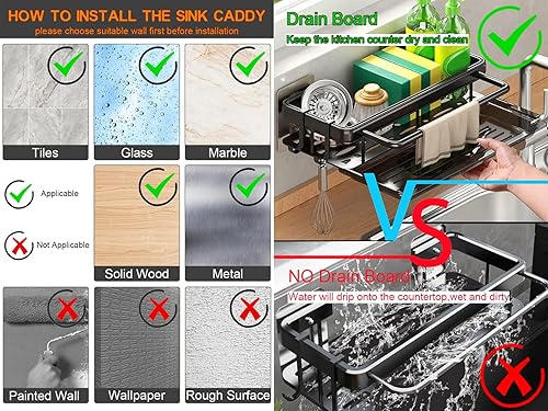 Miniatura 2 de YOMEAN Self Adhesive Sponge Holder Kitchen Bathroom Caddy Aluminum Drying Drain Rack StoragePeeler Brush Soap Cloth Rag Towel Sink Organizer with