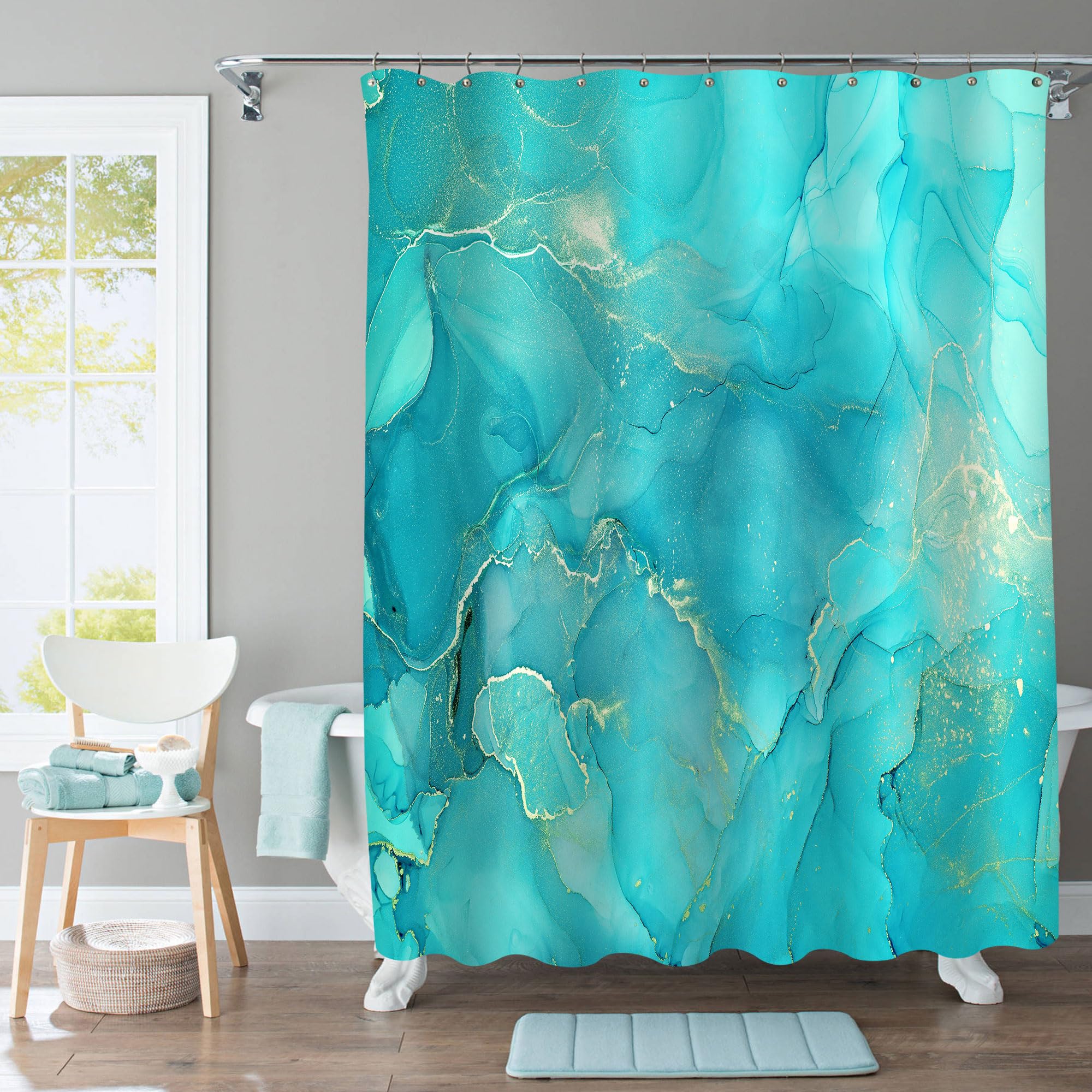 Gibelle Teal Fabric Shower Curtain, Abstract Blue Marble Shower Curtain for Bathroom, Modern Ombre Watercolor Ink Art Shower Curtain Set with Hooks,