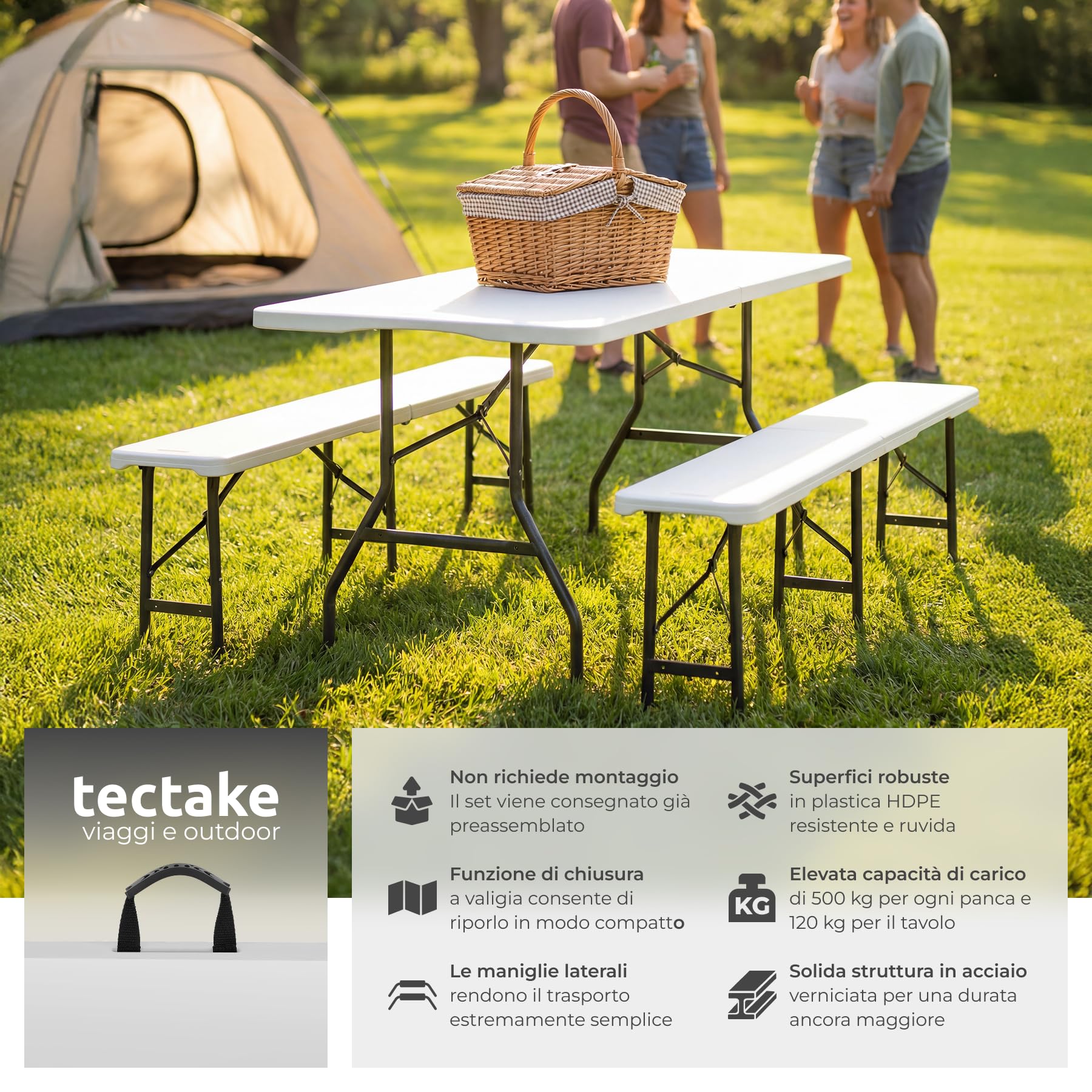 tectake® Set Tavolo da esterno e 2 Panche Pieghevoli, Set Tavolo Pieghevole da Campeggio e 2x Panca da Esterno, Ripiegabile a forma di Valigia, Blocco di sicurezza, Struttura in Acciaio - Bianco