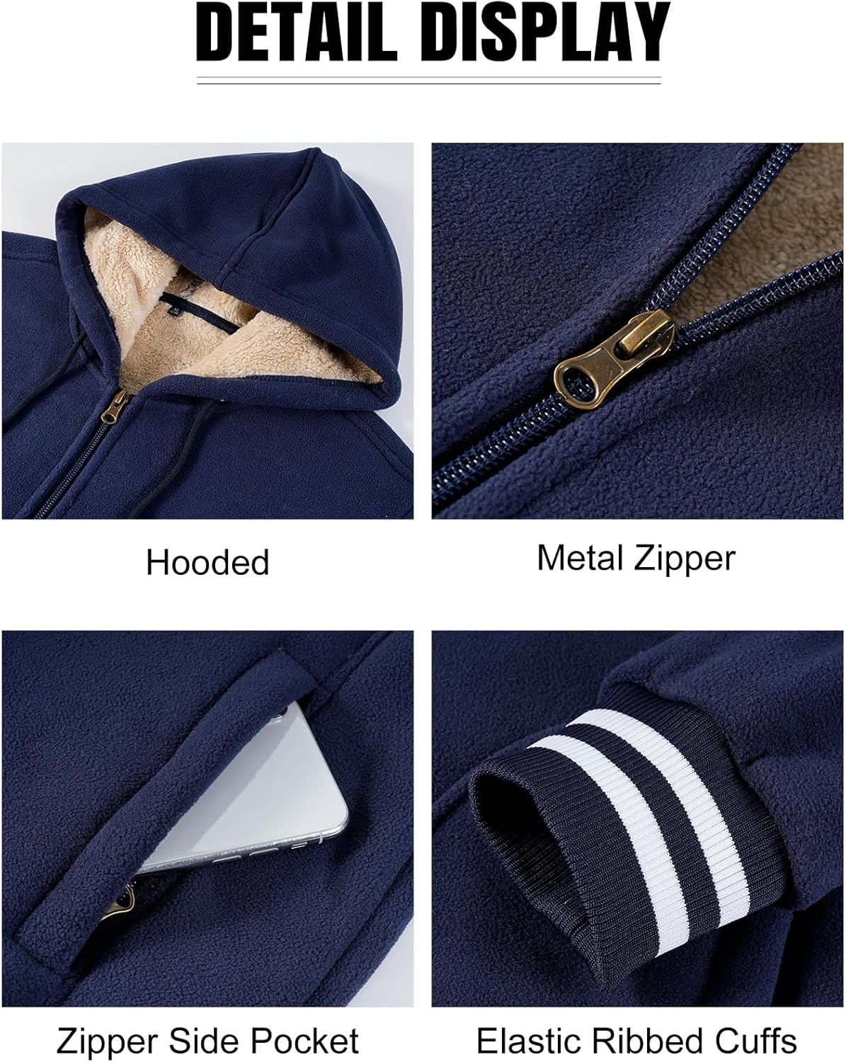 Kissonic Men's Polar Fleece Jacket Sherpa Lined Zip Up Hoodie Warm Winter Casual Hooded Sweatshirt with Pockets - Image 6