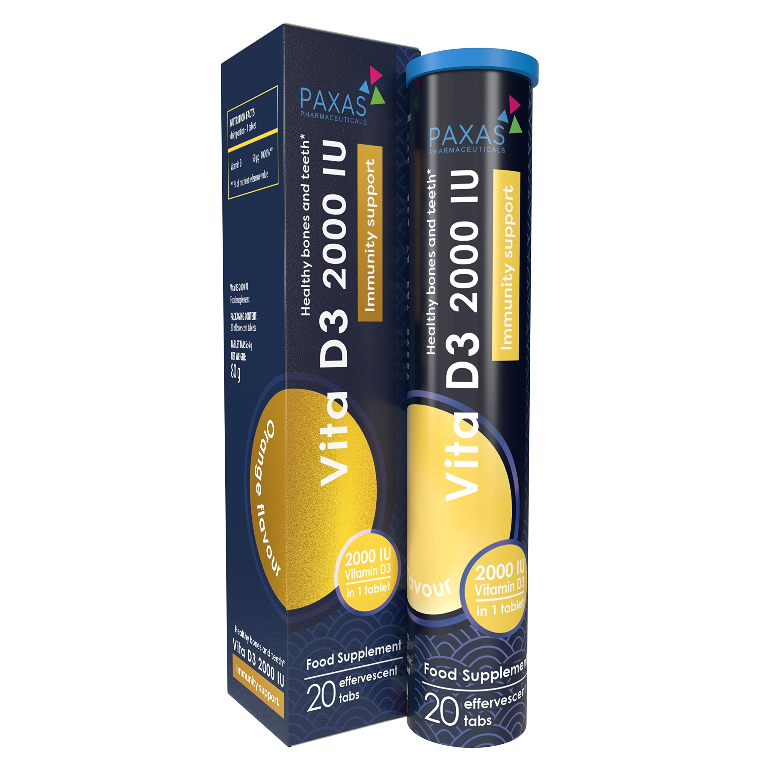 PaxasVita D3 2000 IU I 20 Effervescent Tablets I Orange Flavor I Recommended for Vitamin D3 Deficiency I Immunity Support I Maintain Normal Bones and Teeth