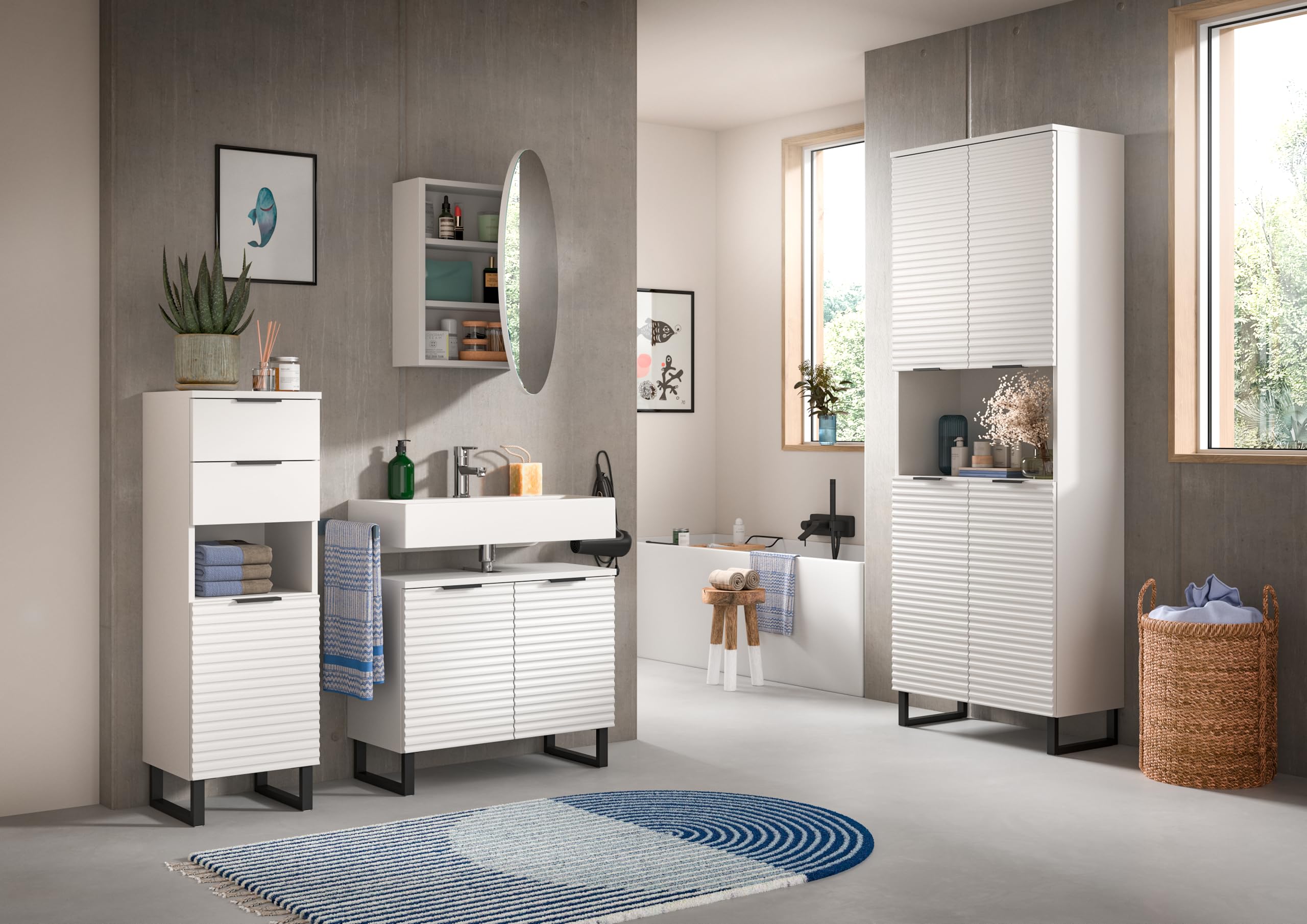 xonox.home Badezimmer Riff 2tlg. Kombination Badmöbel Set kleine Bäder Komplettprogramm Bademöbel-Set in weiß Waschbeckenunterschrank Spiegelschrank rund