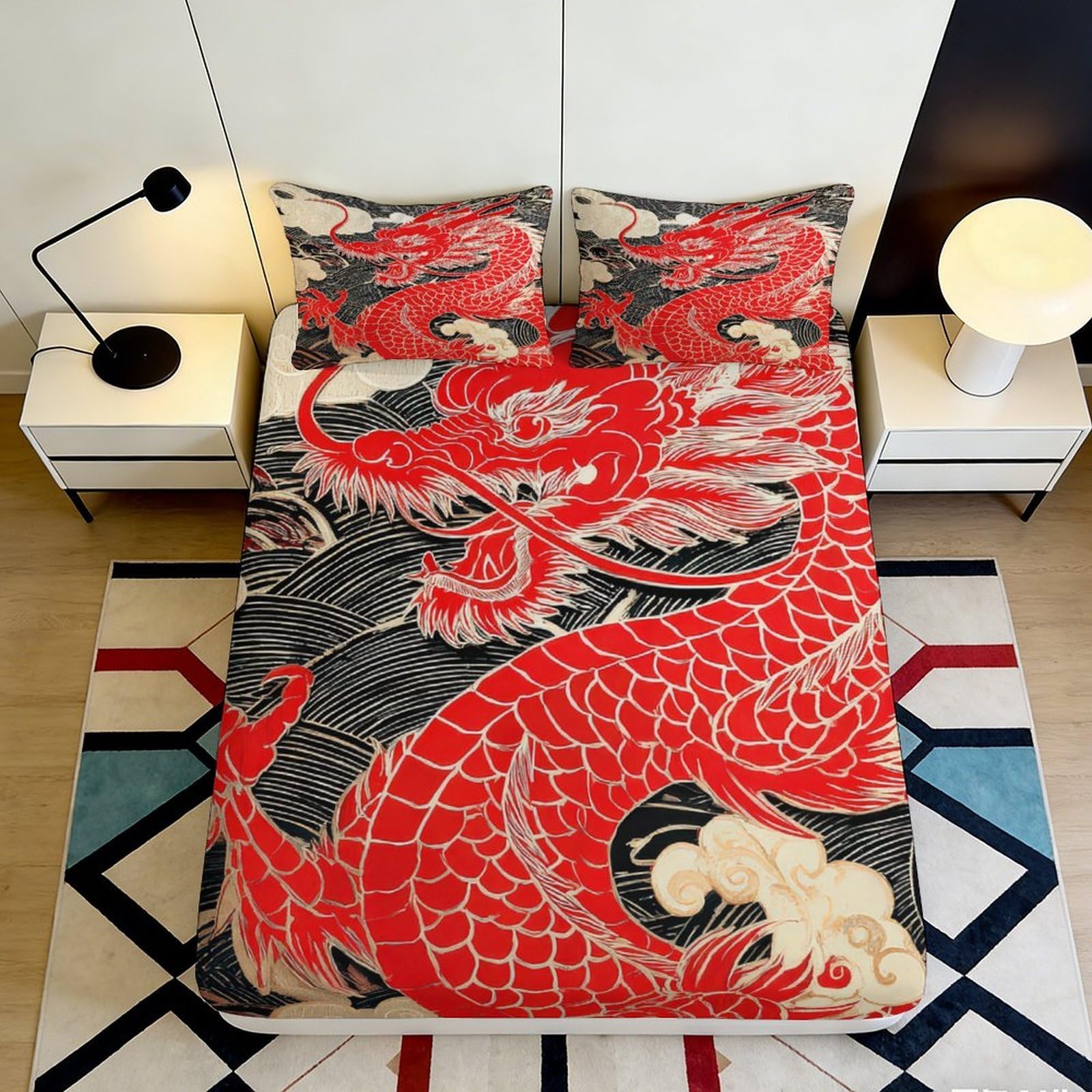 3D Printed Red Dragon Fitted Sheet Microfiber Soft Breathable Black Wave Bed Cover for Bedroom Dormitory Guest Room Mattress Protection and Decor 160x200x25cm