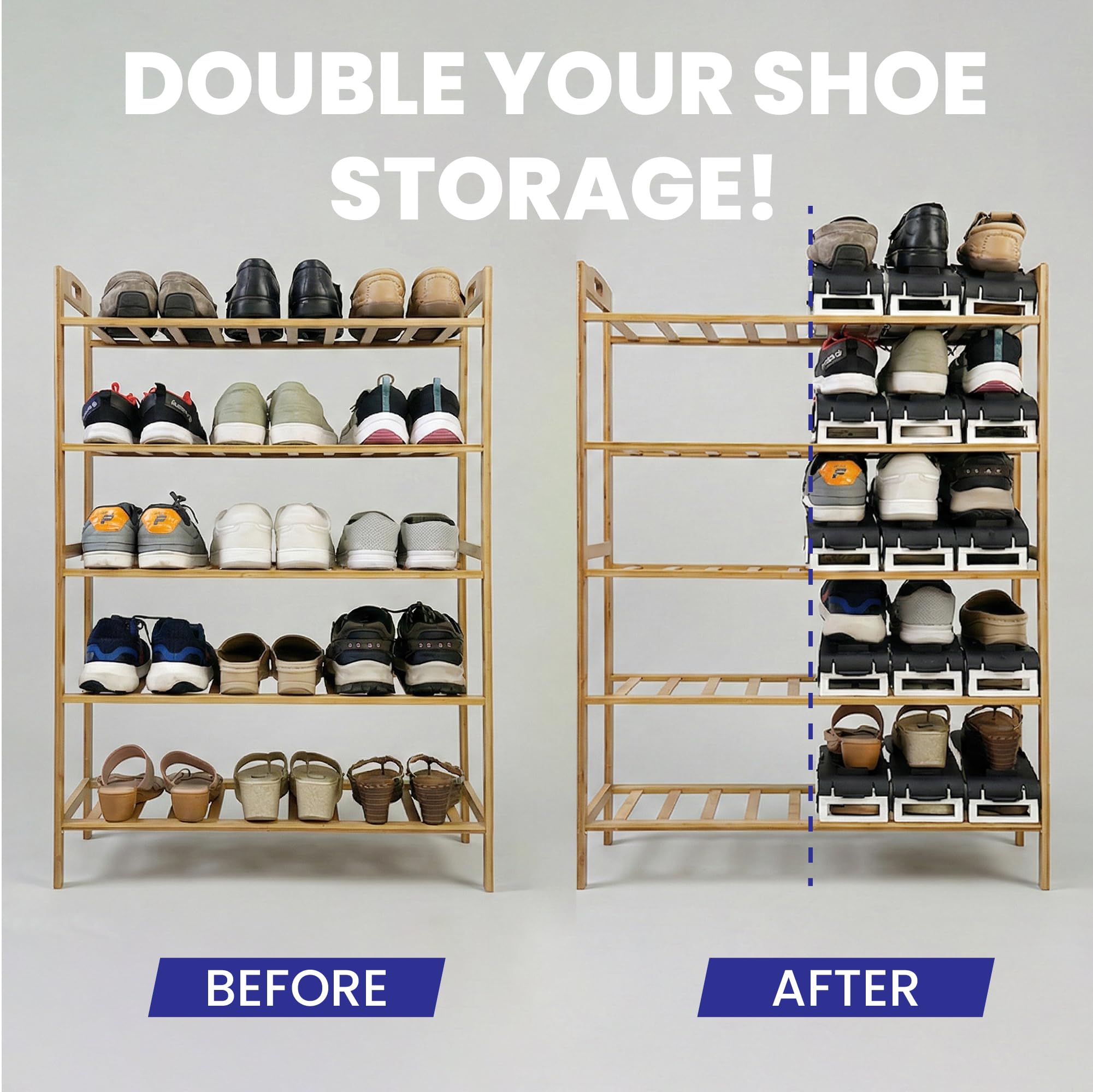 Aditya Polymers Adjustable Shoe Slot Organizer (Pack of 6, Black & White) | Double-Deck Space Saver & Stacker for Wardrobe, Closet & Shoe Rack | 4-Level Height | Anti-Slip Design