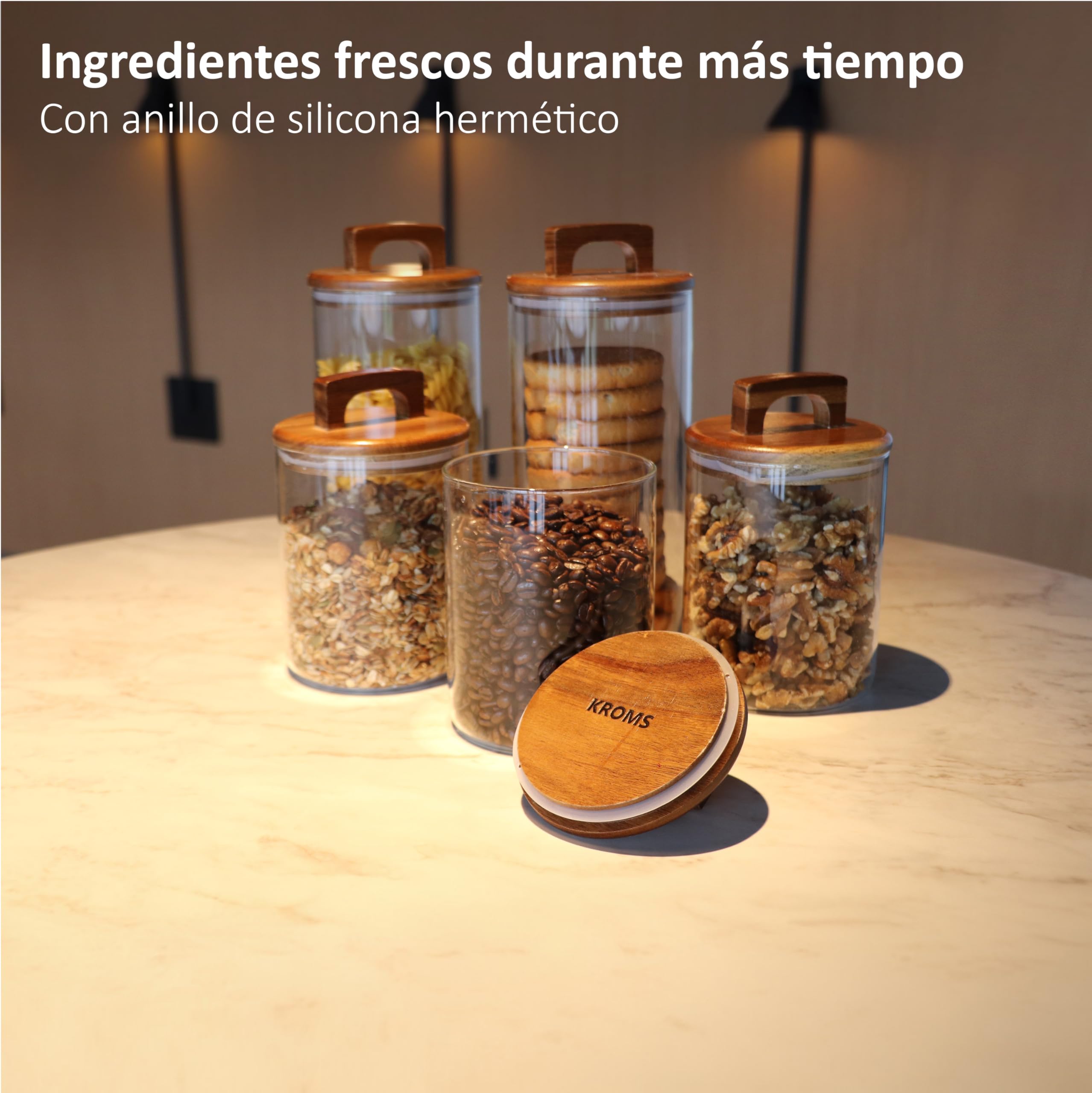 Botes cristal con tapa hermética de acacia – Juego de 4 recipientes de cristal para alimentos 1000 ml & 1600 ml – Tarros de cristal con tapa - Botes cocina almacenaje