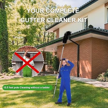 14 FT Adjustable Telescopic Gutter Cleaning Tool with 2 Brush Heads