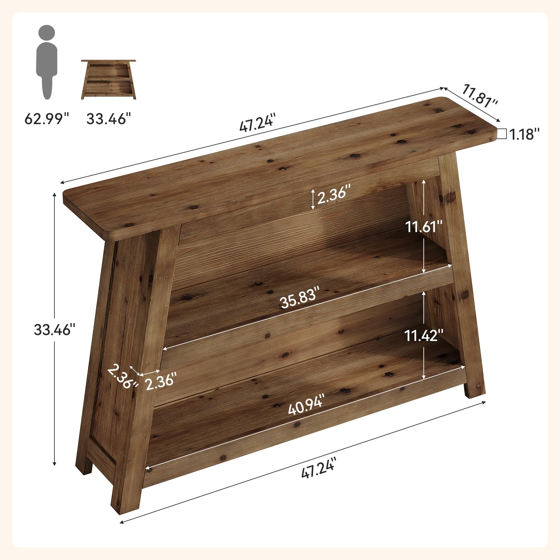Massivholz Konsolentisch, 120 cm Schmale Eingangstisch, Sofatisch mit 3-stöckiger, Landhausstil Couch-Tische hinter dem Sofa für Eingangsbereich, Flur, Foyer, Rustikales Braun