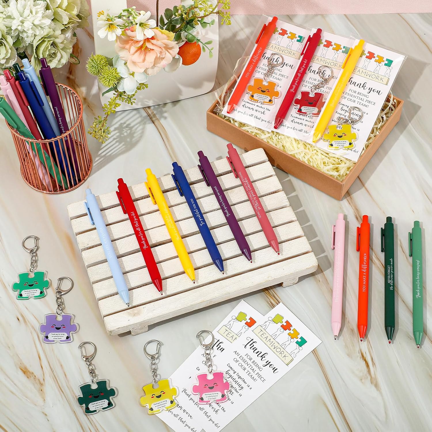 Dunzoom Employee Appreciation Gifts Bulk for Workplace Coworker Office Staff Teacher Nurse Doctor Social Worker Team Work Puzzle Piece Keychains & Thank You Pens(40 Set,Thank You) - Image 4