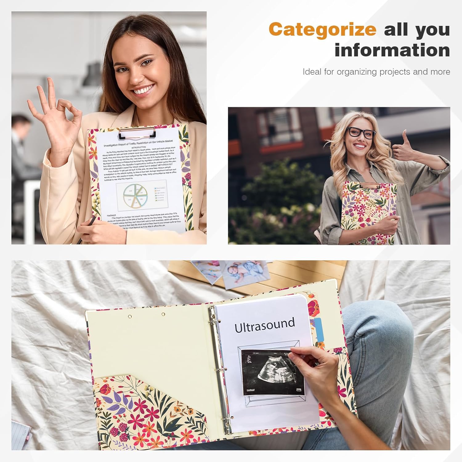 Ospelelf 3 Ring Floral Binder with Dividers, 1 inch Rings, 1.6 inch Spine, for Letter Size (11" x 8.5") Paper, Clipboard Organizer, for School and Office Supplies - Image 5