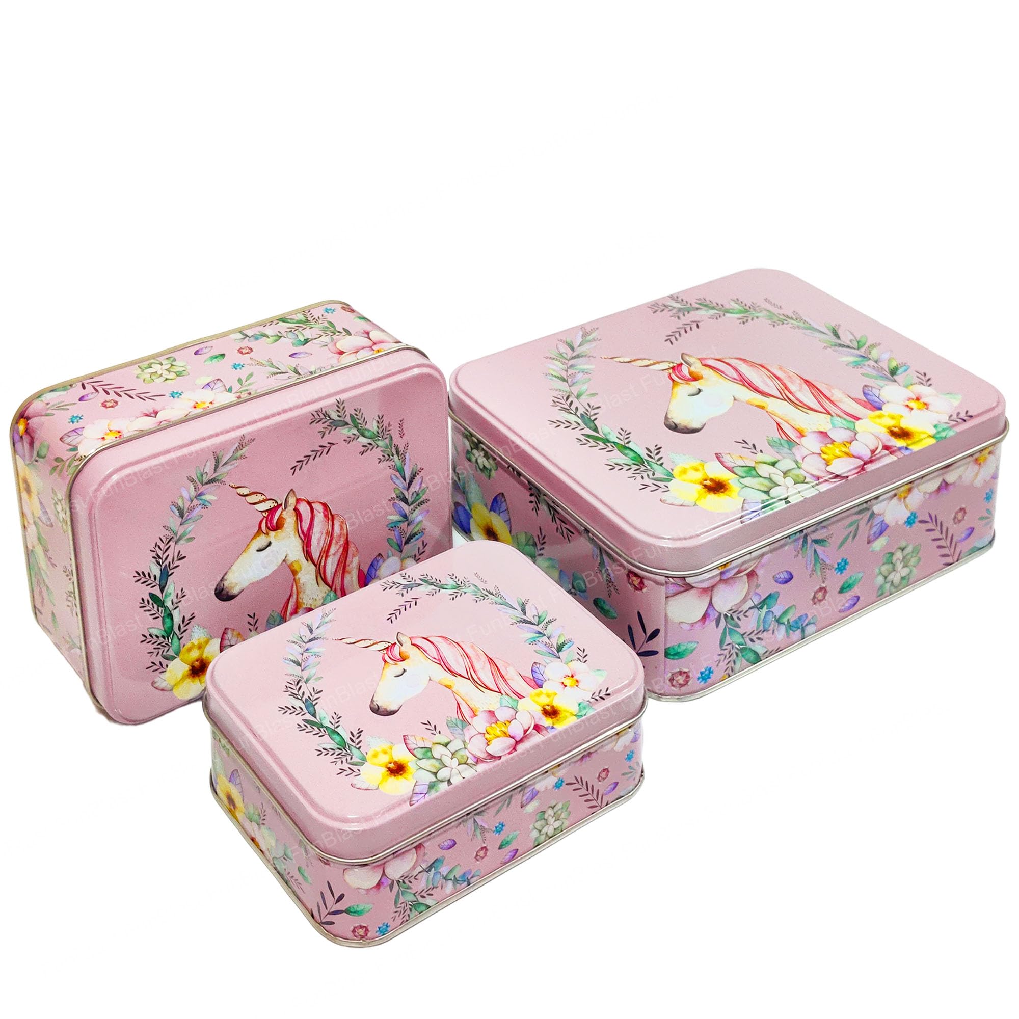 FunBlast Unicorn Tin Storage Boxes - Pack of 3 Pcs Multipurpose Storage Organizer for Home and Kitchen Accessories, Tin Boxes for Chocolates & Cookies, Gifting Box (Flower)