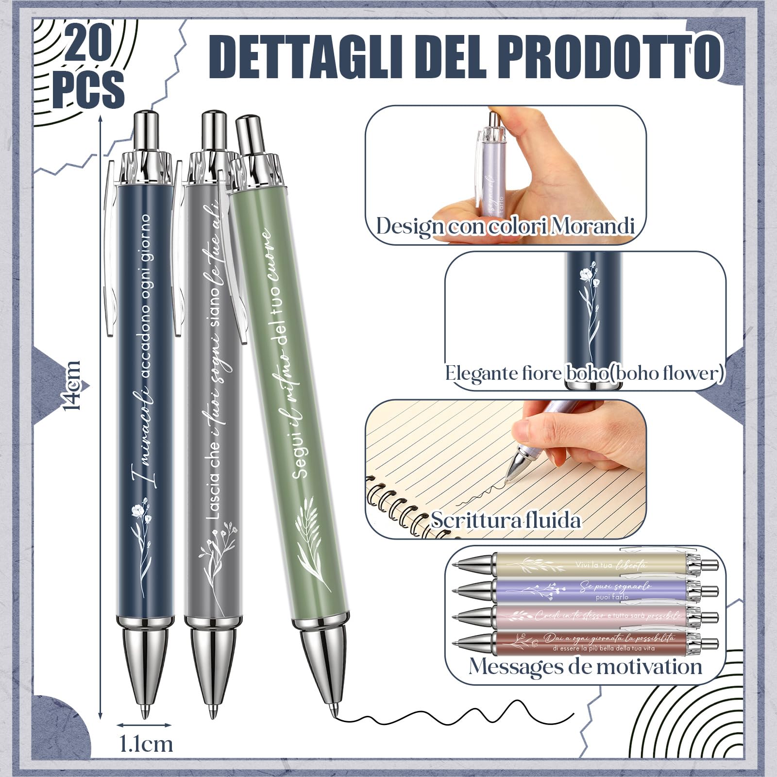 Faccito 20 Pezzi Penne Motivazionali Italiano con Frasi Ispirazionali, Set Penne Regalo Colori Pastello Floreali, Regalo Laurea Fine Anno Scolastico Collega Maestra Infermiera