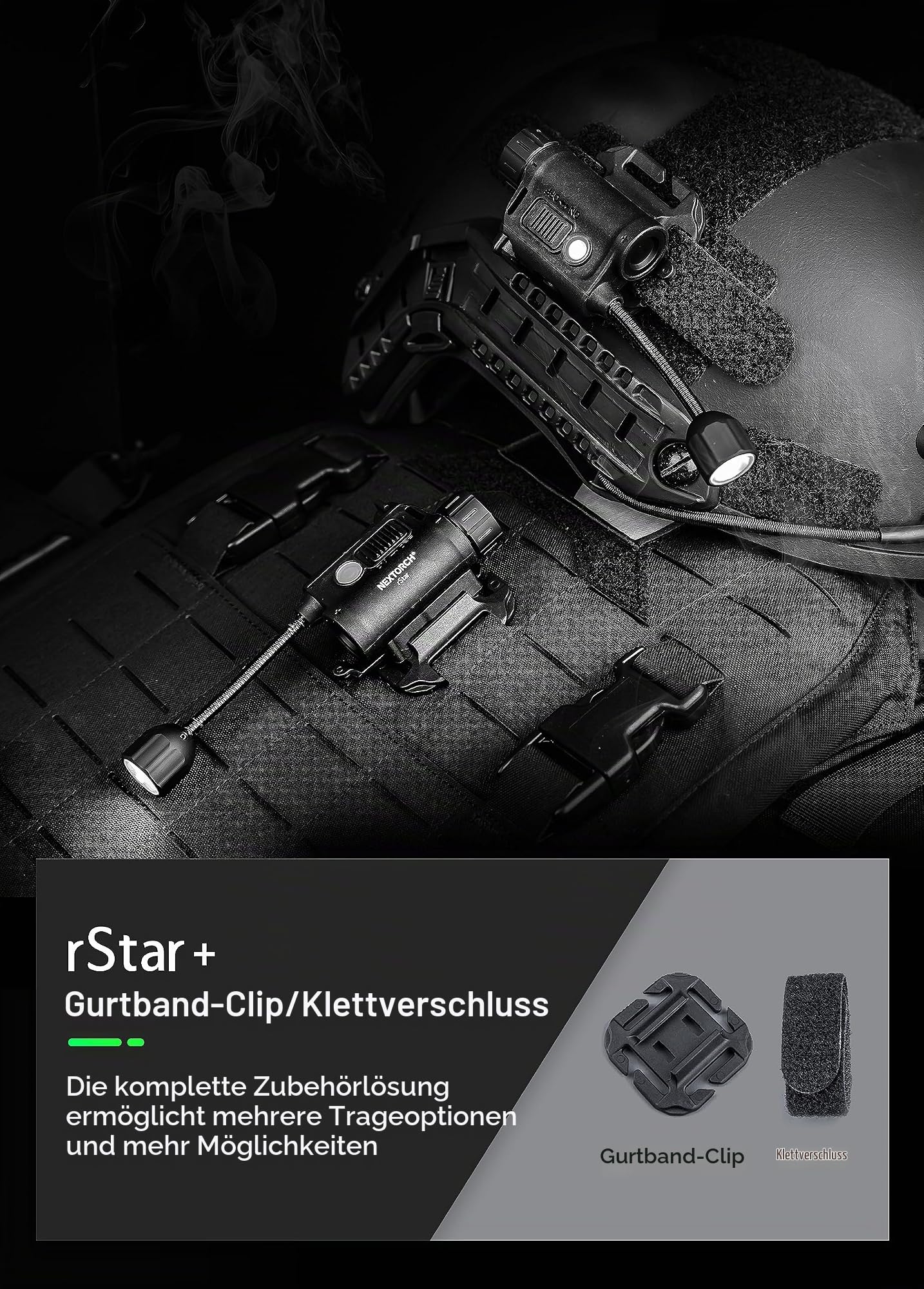 NEXTORCH Rstar Taktische Helmlampe Militär mit IR-Überlebenssignal, 4-Farben-Licht & IFF-Bake, mit Schwanenhals für ARC-Schienen, Molle-Clips & Klettverschluss, Helmzubehör für Einsatz & Outdoor