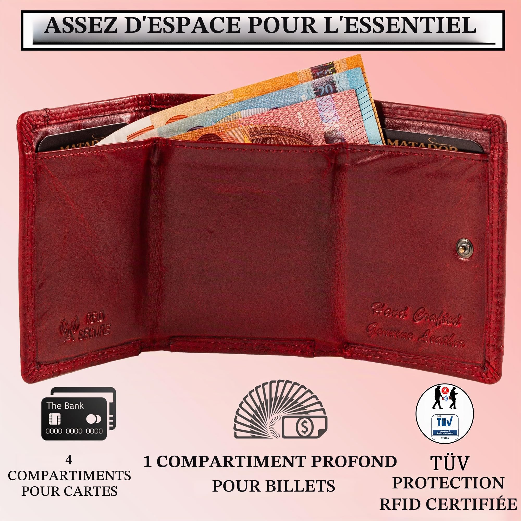MATADOR Petit Portefeuille Femme Cuir #GENÈVE Portefeuille Femme avec Noble Boîte Cadeau, Porte-Monnaie de Luxe avec RFID, Mini Portefeuille avec de Nombreux Compartiments à Cartes en Fleurs Rouge