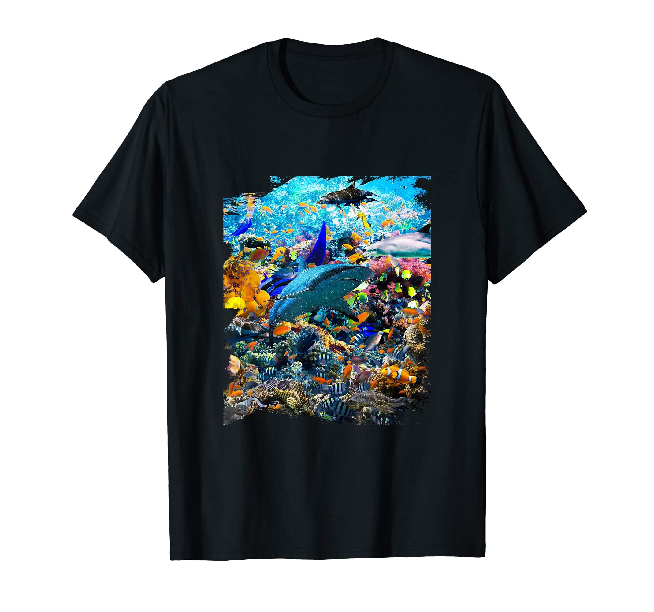 Ocean Dolphin Shark Turtle Coral Sea Fish Orca Whale Reef T-Shirt, Black