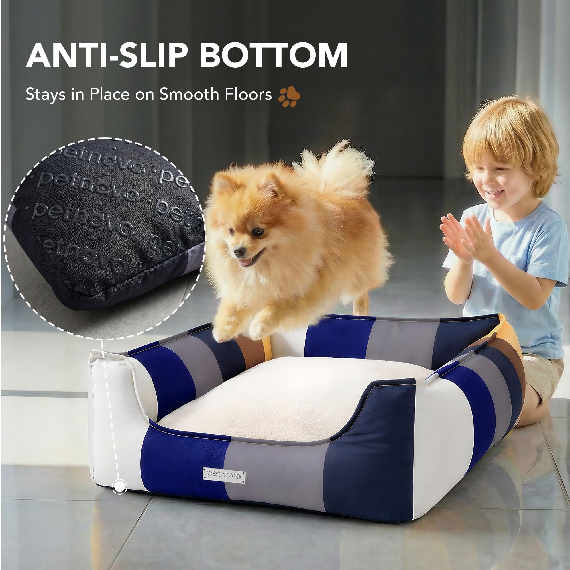 PETNOVO Lit pour Chat Arc-en-Ciel, Housse Amovible, Lavable, Corbeille de Sommeil Douillette avec Bord, Intérieur, Lit Douillet pour Chats et Petits Chiens, 65 × 45 × 18 cm, Arc-en-Ciel Bleu-Gris