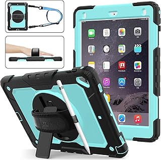 SEYMAC stock iPad 6th/5th Generation Case, Three Layer Drop Protection Case with [360 Rotating Stand] Hand Strap &[Stylus Pencil Holder] for iPad 5th/6th 2018/2017, Air 2 and Pro 9.7 (SkyBlue+Black)