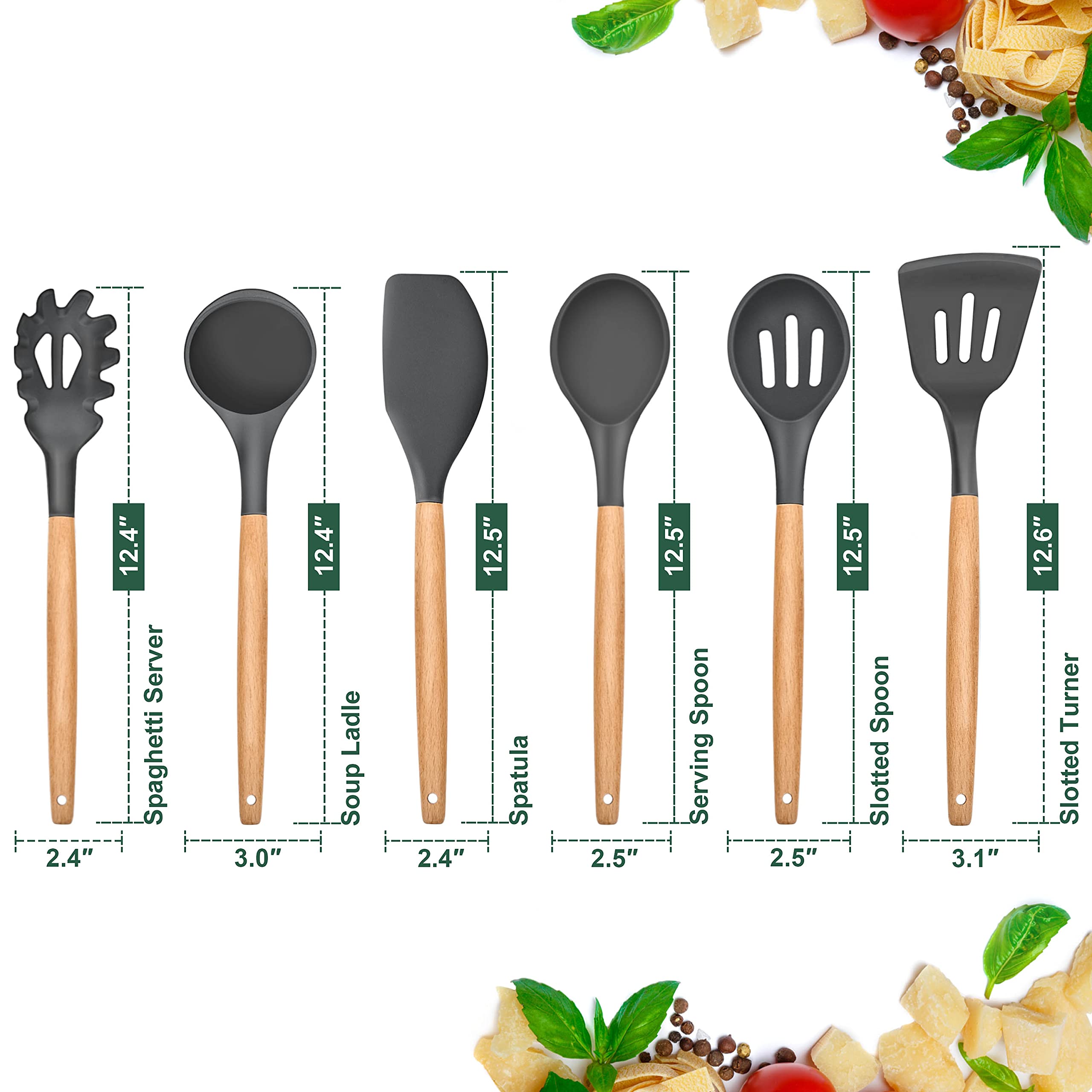 E-far - Juego de 6 utensilios de cocina de silicona con mango de madera, antiadherentes y resistentes al calor, incluye espátula/cucharón/volteador ranurado/cuchara para servir/servidor de espaguetis