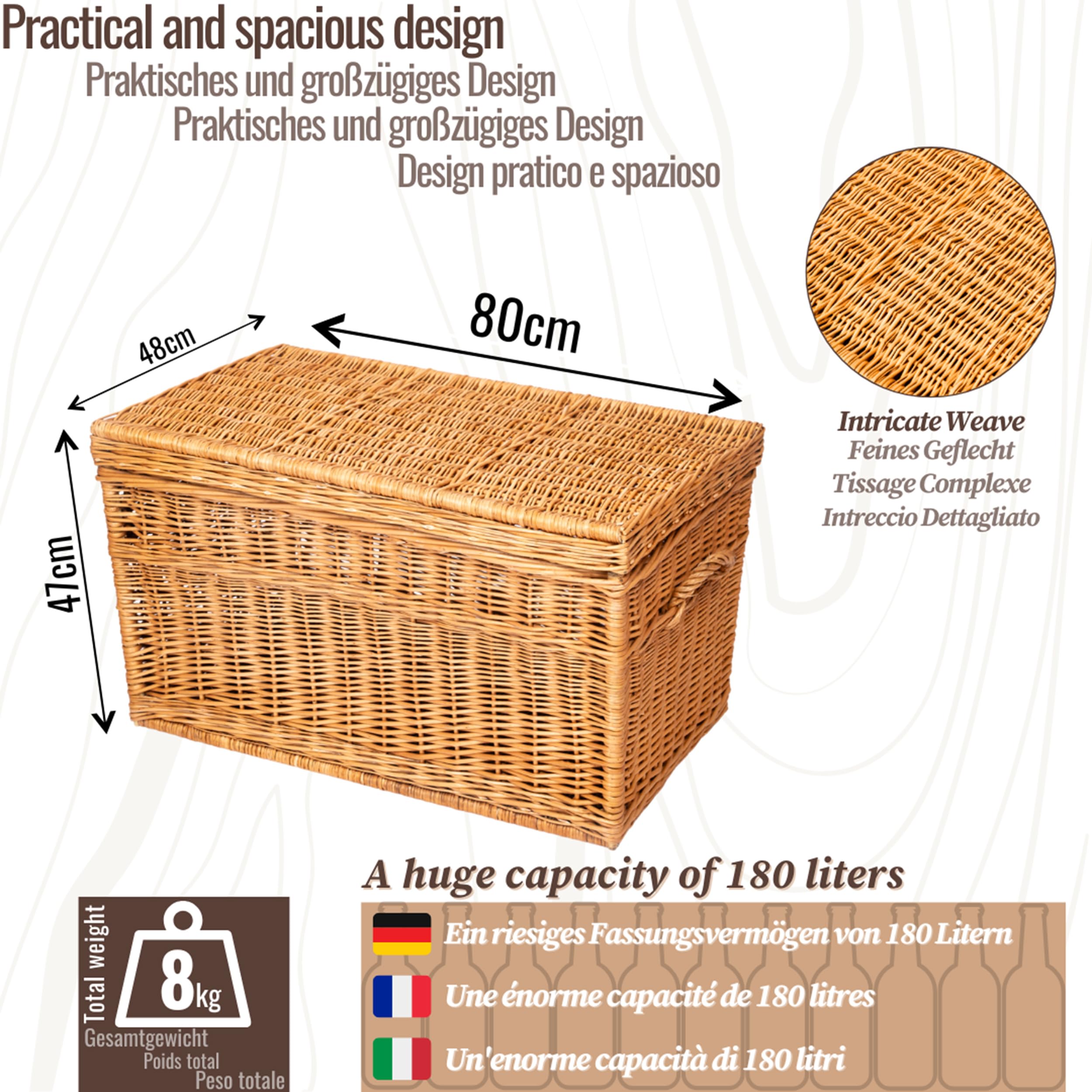 Creative Cooper Handgefertigter Wäsche- & Aufbewahrungskorb aus Weide – Großes Geflochtenes Wicker-Korb 180 L – Deckel, Rustikal, Naturholz, Braun