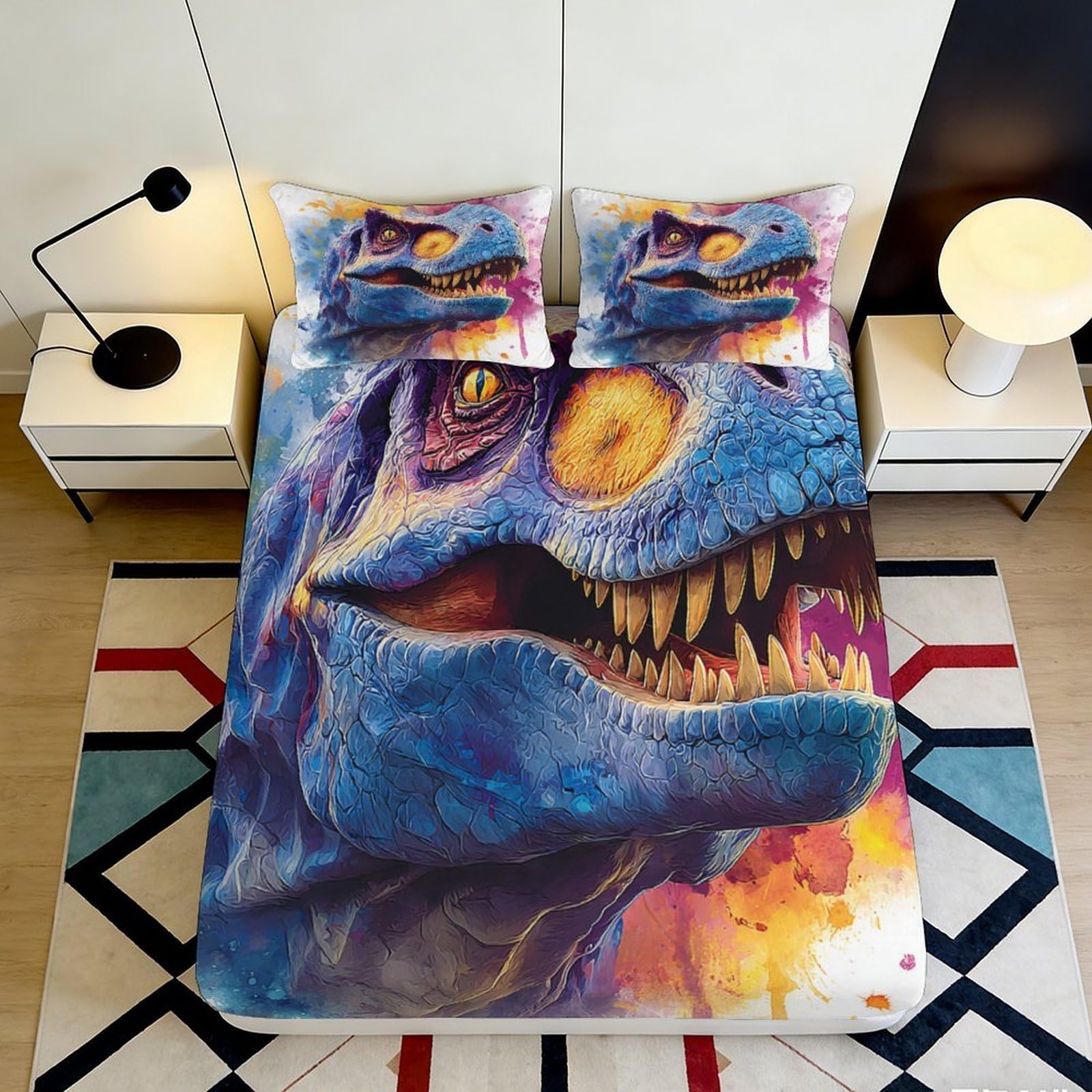 3D Printed Blue Dinosaur Fitted Sheet Microfiber Vibrant T-Rex Mattress Cover for Bedroom Dorm Decor Machine Washable 90x200x25cm