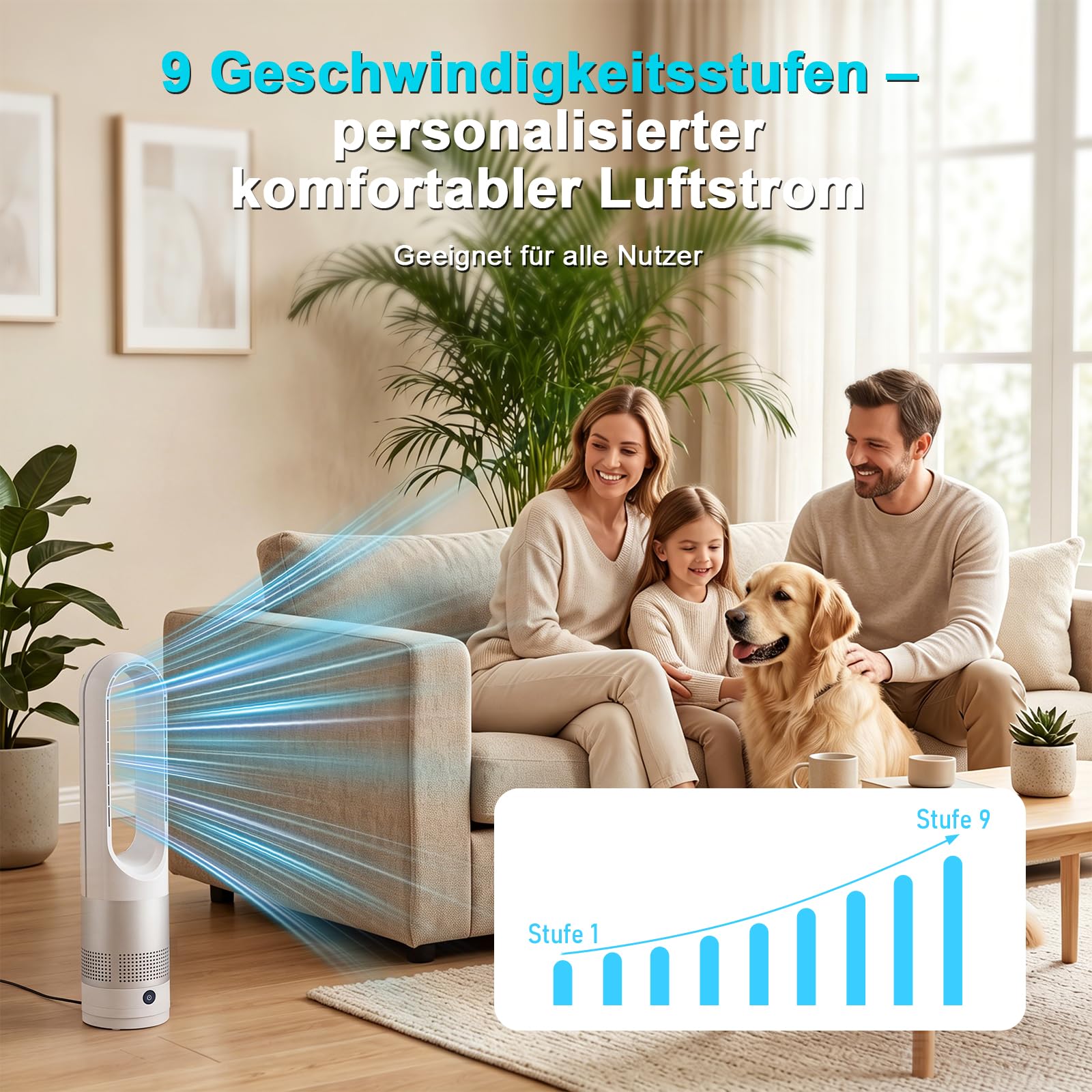 Rotorloser Ventilator mit Fernbedienung, cooling ace Lüfter, Luftkühler, mobiles Klimagerät, 8 Gänge, 80° Oszillation, 8H Timer, Energiesparend Bladeless Fan für Schlafzimmer Zuhau