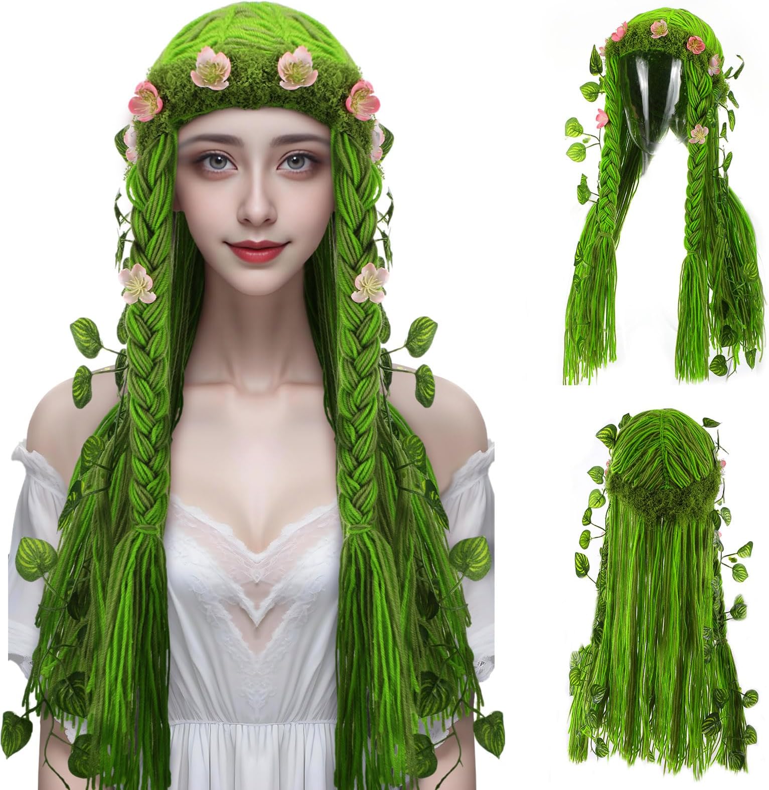 XunYee Mother Earth Costume Wig Mother Nature Costume Long Green Wig for Women Halloween Party Female Cosplay