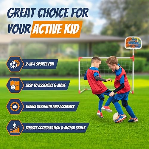 Miniatura 3 de Portería de fútbol para niños juego de fútbol 2 en 1 con aro de baloncesto extraíble para niños pequeños, 4.3 x 4.2 pies, portería de fútbol para