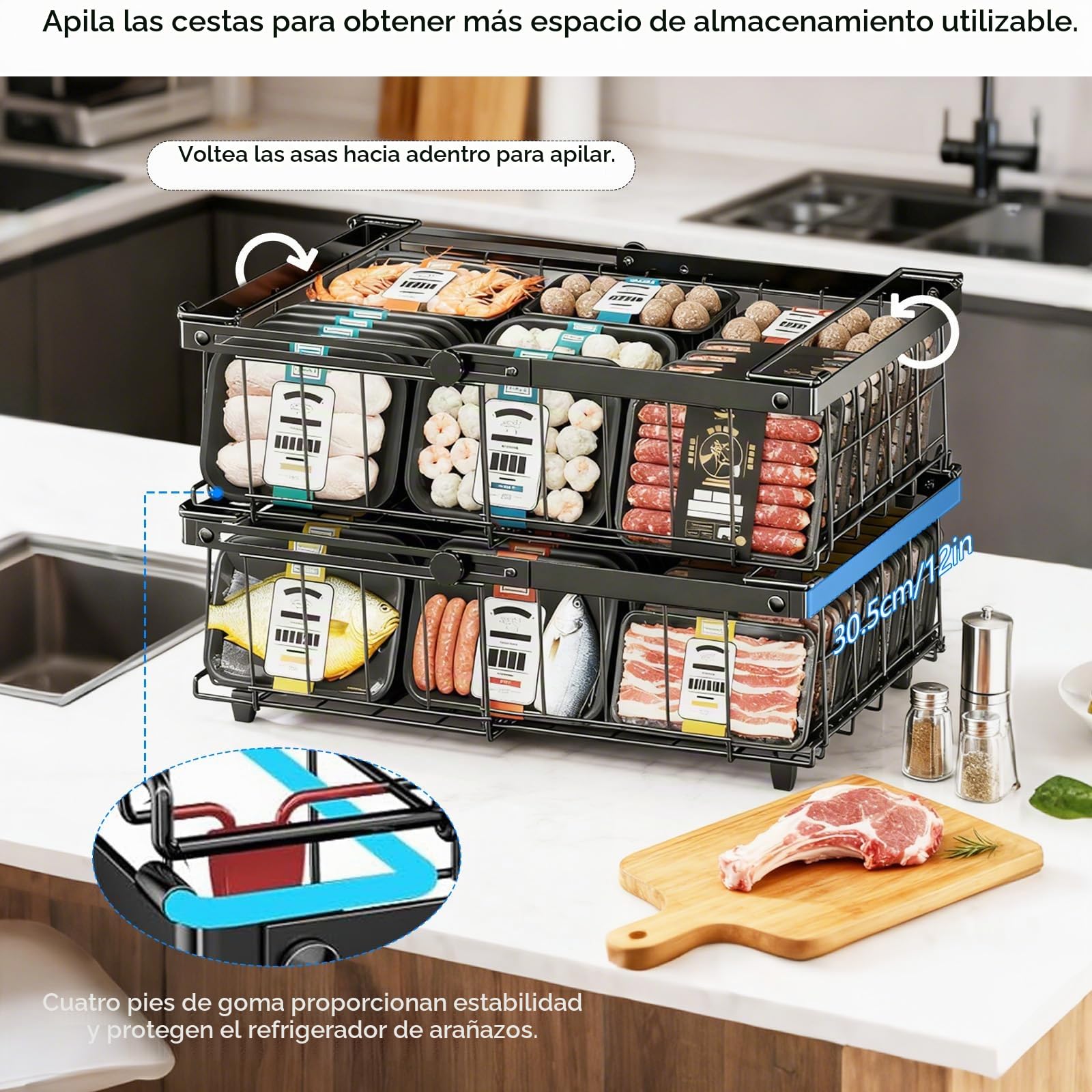 2 cestas de congelador expandibles, cestas apilables para congeladores 140L-570L, congeladores organizador con asas de clasificación fácil y obtener alimentos congelados, permitir la circulación del