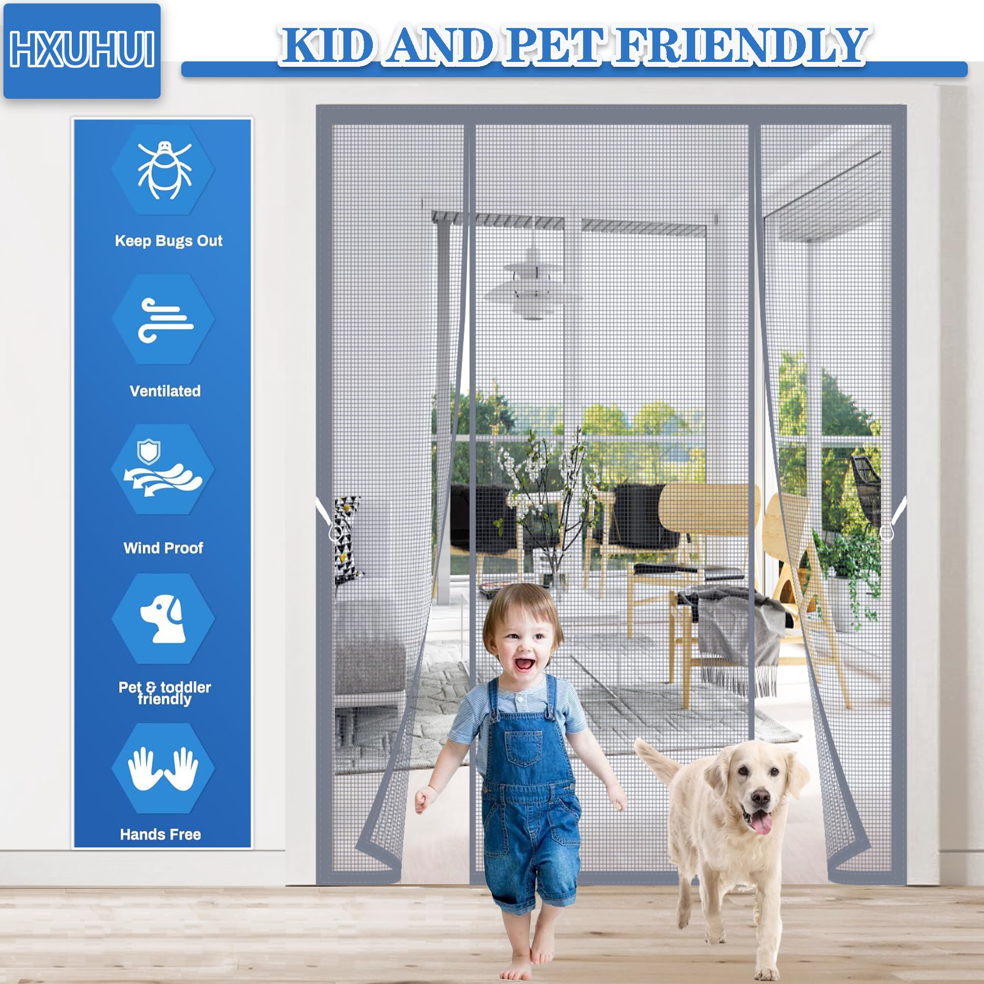 Mosquitera Puertas Abatibles Dobles 350x250cm Cinta adhesiva de full frame que asegura un sellado completo sin huecos para Diseñado para cerramientos de cristal y balcones gran formato Gris
