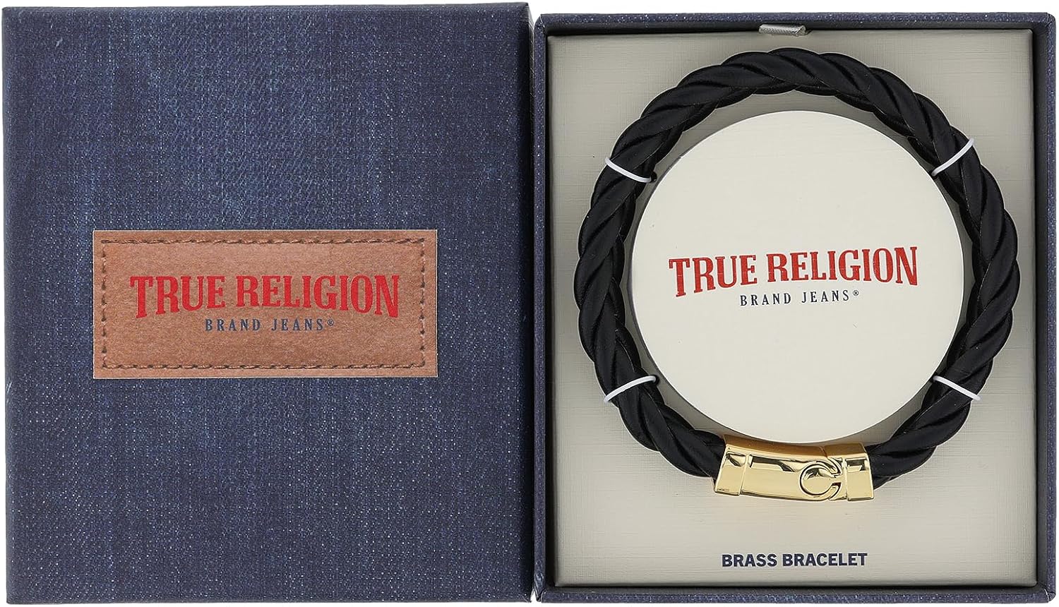 True Religion Simulated Black Leather Horseshoe 12mm Thick Braded ID Style 9 Inch Long Bracelet for Men 14K Yellow Gold Plated Brass - Image 5