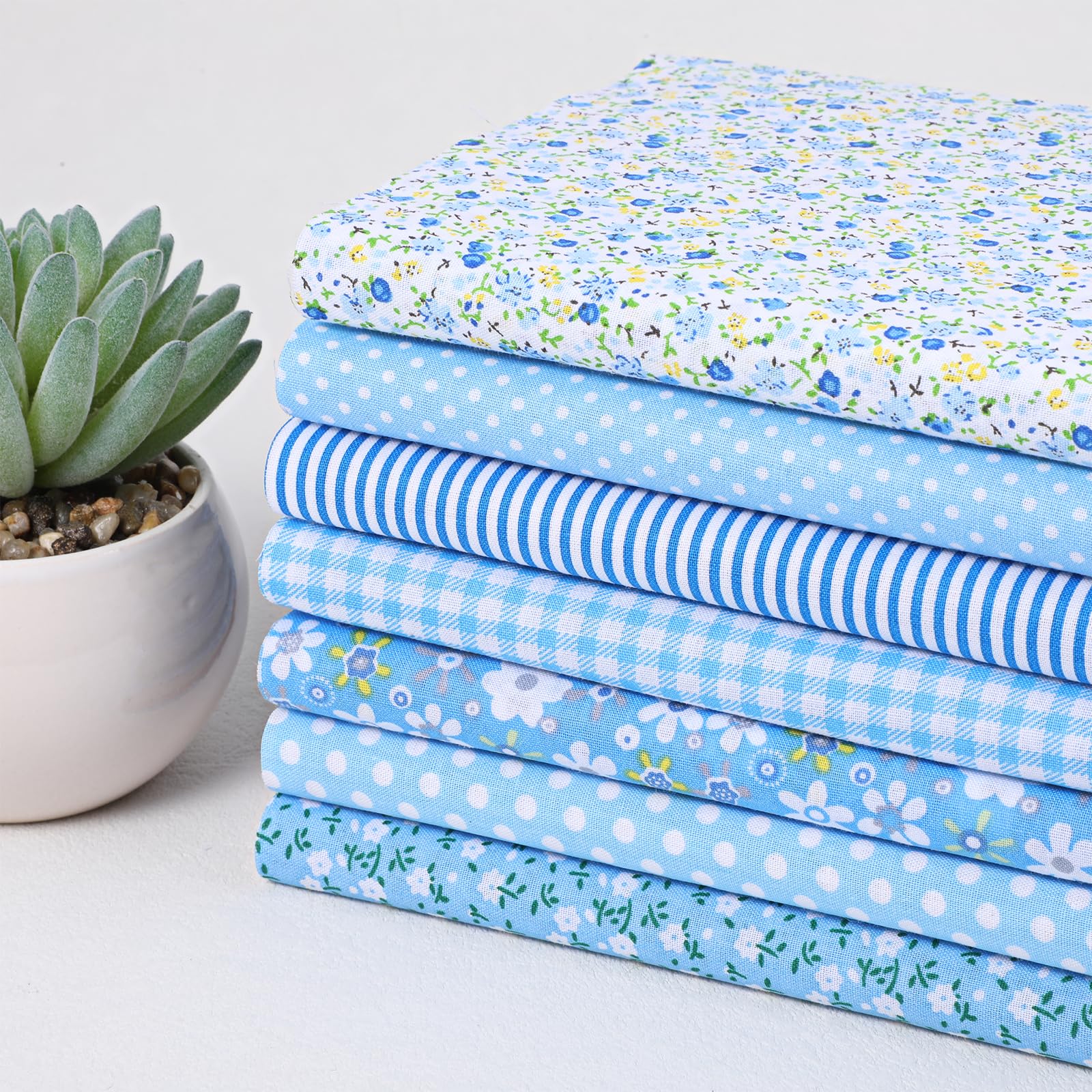 7Pcs Blue Fat Quarters Fabric Bundles, 50CM x 50CM Precut Soft Easter and Spring Quilting Cotton for Sewing DIY Making Supplies Patchwork Gingham Fat Quarter Material