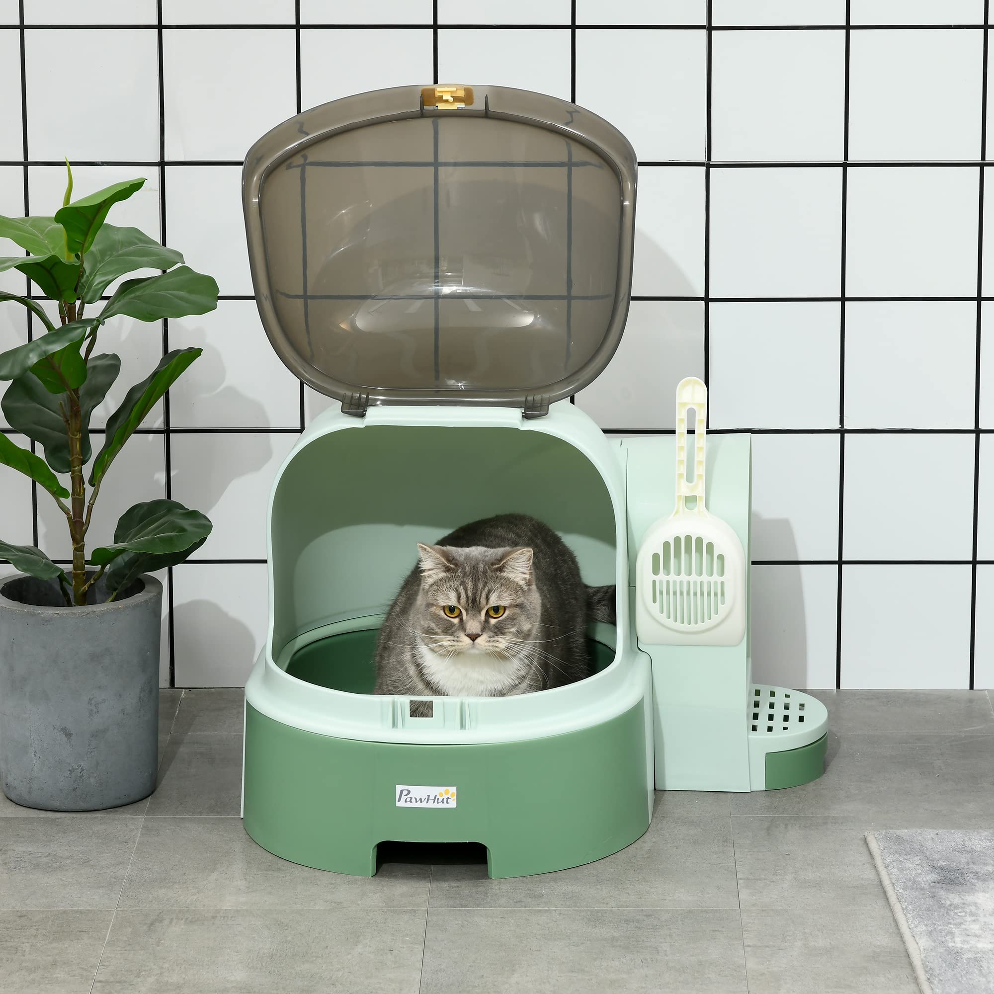 PawHut Lettiera per Gatto Chiusa con Coperchio 52x60x42cm Verde | Vassoio Estraibile, Copertura Apribile, Paletta Inclusa
