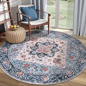 SERISSA Boho Round Area Rug, 4ft Washable Non-Slip Circle Rug, Ultra Soft Vintage Blue Orange Low-Pile Small Circular Carpet for Bedroom Entryway Kids Room Office College Dorm Living Room