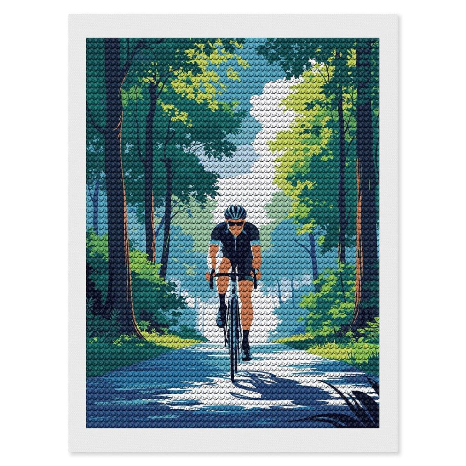 Junmoney Cyclist in Forest Illustration DIY Diamond Art Canvas Kit 12"x16", Adhesive Canvas, Easy to Enjoy, Farmhouse Decor, Festive Craft Gift