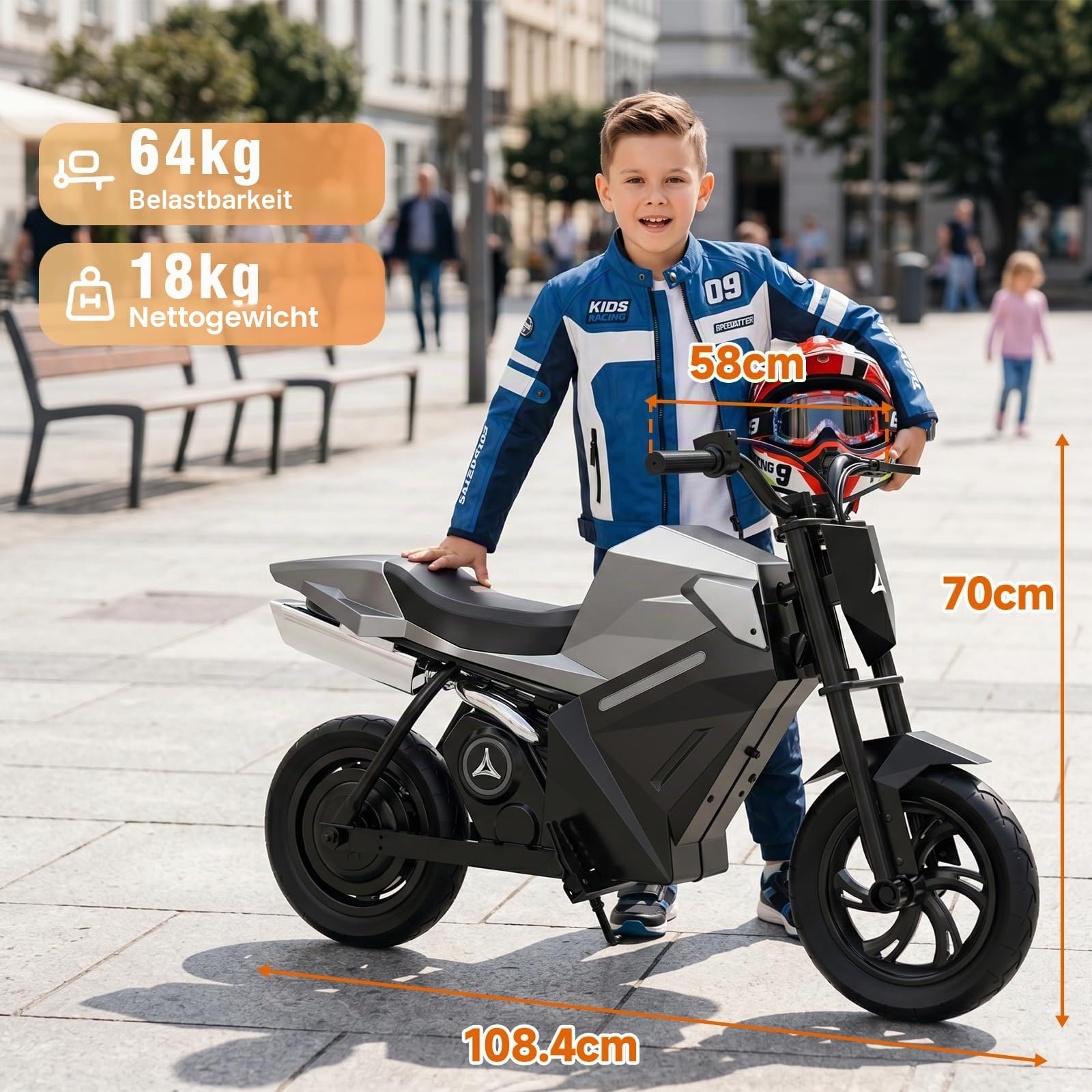 Elektrisches Motorrad für Kinder, 350 W, Elektromotorrad mit 3 Geschwindigkeitsstufen, aufblasbare Reifen 12,5 Zoll, Lithium-Akku 21,6 V, 4 Ah, Reichweite bis zu 16 km, für Kinder ab 6 Jahren