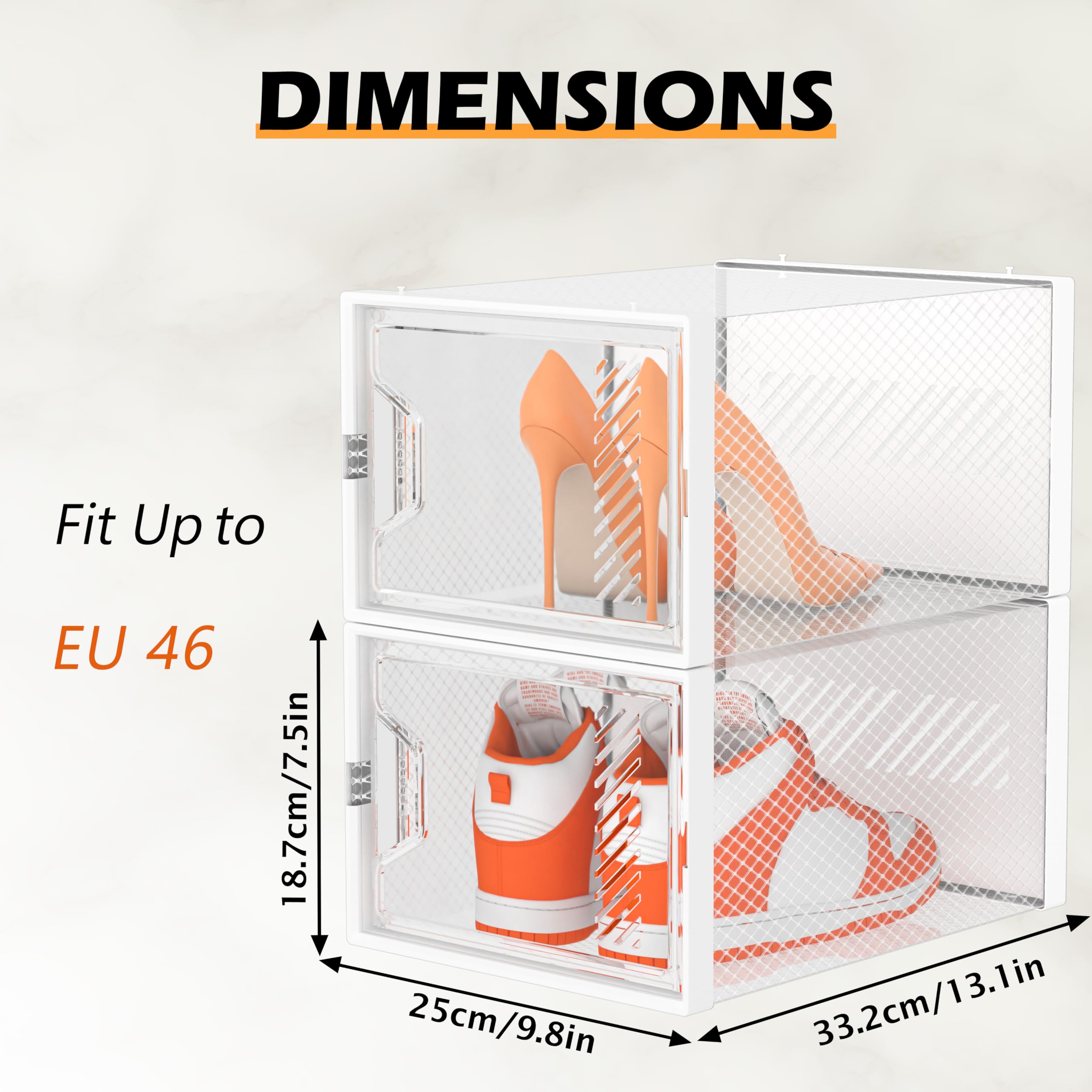 SIMPDIY XL Cajas para Zapatos, 12 Organizador Zapatos Transparentes Apilables con Puertas de Imán y Palillos Aromáticos, Zapatero Plastico hasta Talla EU 46, Blanco