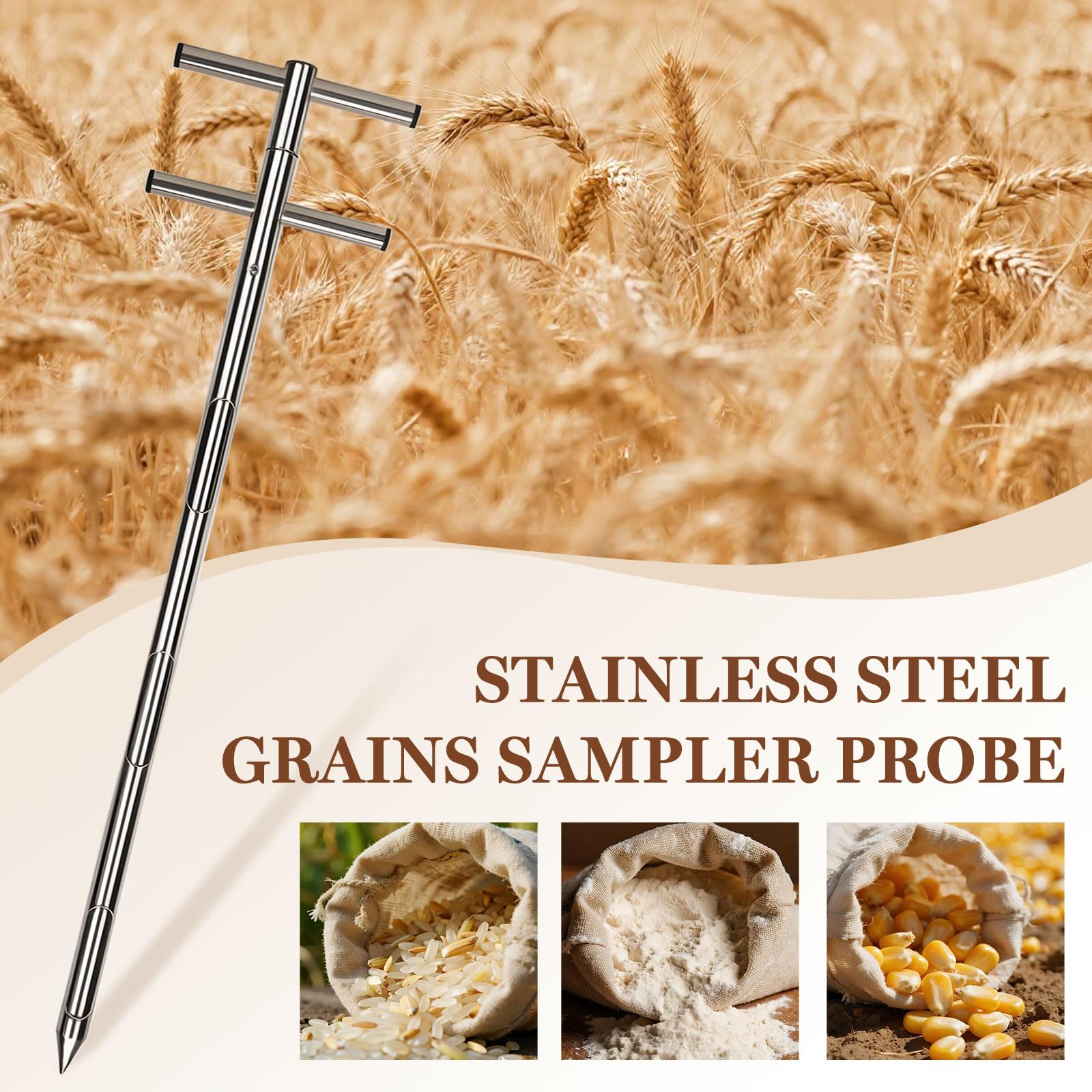 Tksong® Grain Probe Sampler - 304 Stainless Steel Triple Zone Grain Slot Sampler, 39.5''Heavy-Duty Rotary Powder Sampler for Cement, Solid & Powder Sampling(Grains/Industrial Materials)