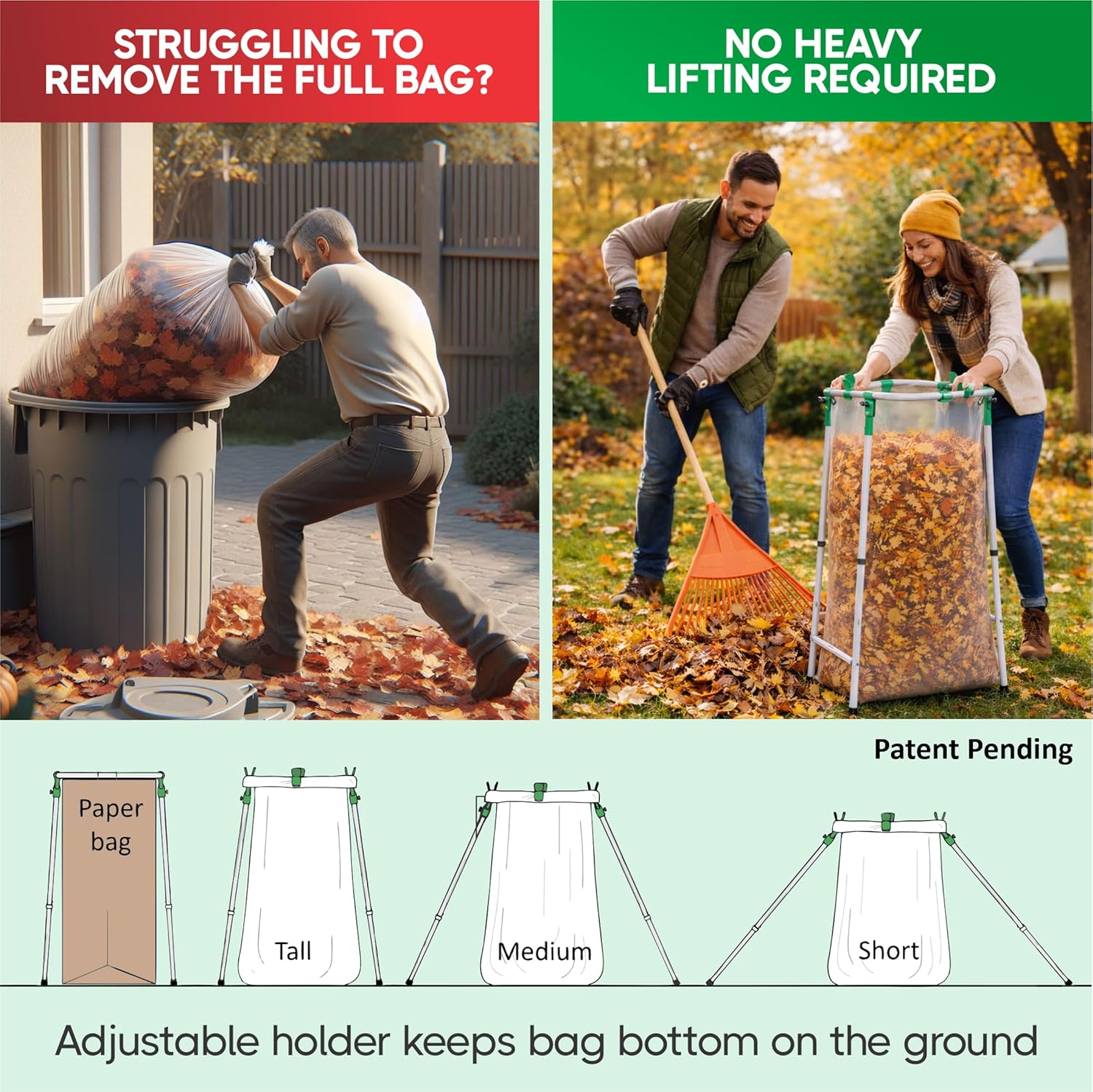 Adjustable & Foldable Leaf Bag Holder, for 33-55 Gallon Plastic & Paper Bags, No Tools Needed for Assembly, Works on Slopes, Trash Bag Stand, Yard & Lawn Cleanup, Gardening, Camping, Parties - Image 3