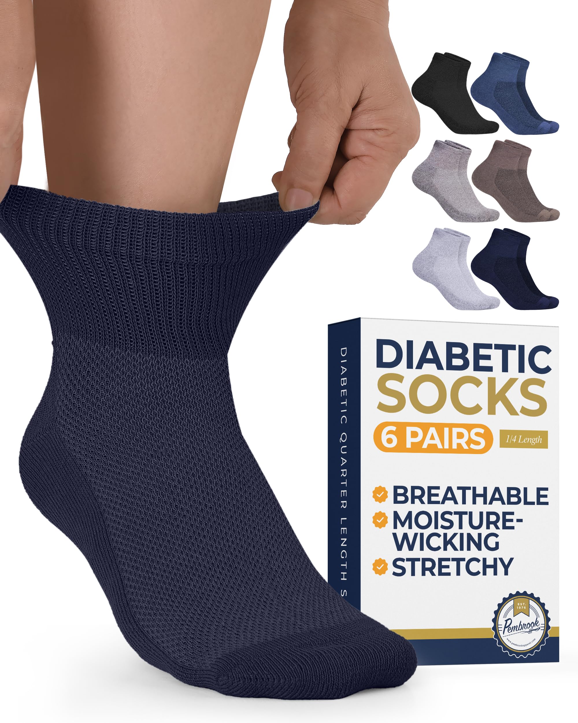 [Scoban] Pembrook Ankle Diabetic Socks for Women & Men | 6 Pairs | Wide Non Binding Socks Quarter Length | Edema Neuropathy Socks