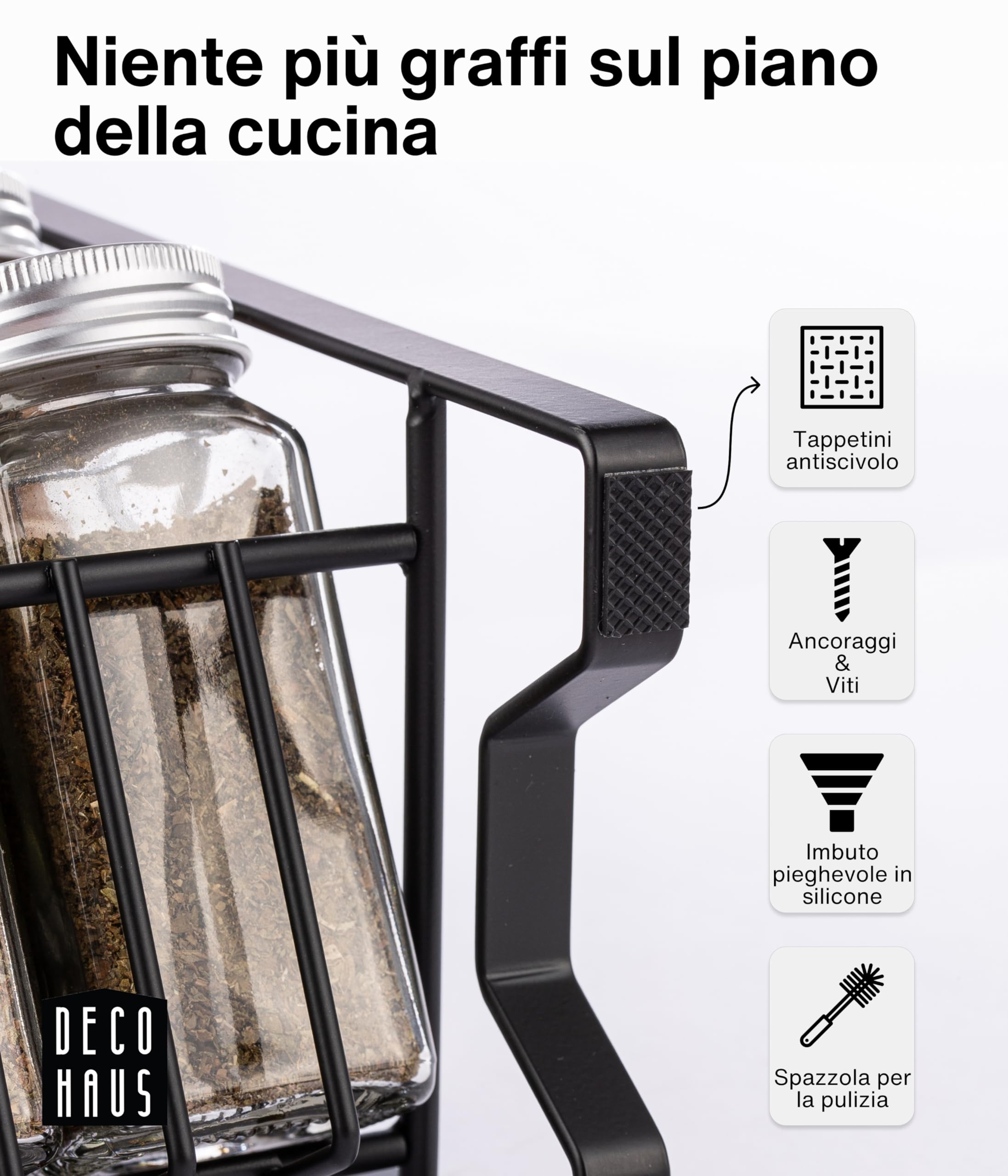 Deco haus® Porta Spezie per Cucina - Portaspezie con 24 Barattoli Spezie, Portaspezie Salvaspazio, Set Cucina 24 Vasetti di Spezie, 48 Etichette Spazzola Imbuto Ganci - Design Indipendente o da Parete