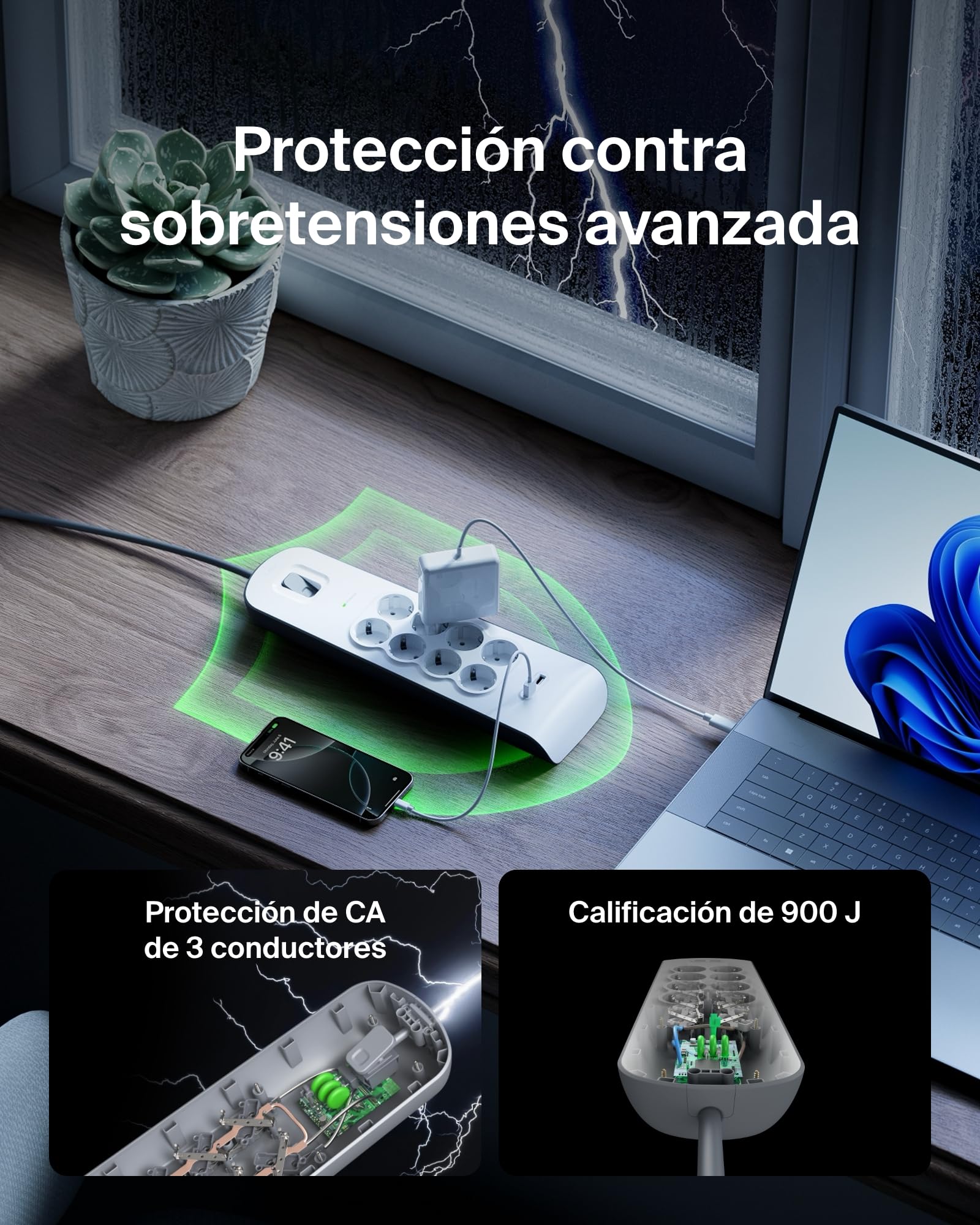 Belkin Regleta de enchufes con 8 tomas y 2 puertos USB-A (2,4 A) con protección contra sobretensiones, 900 julios, ladrón, cable de 2 metros, base múltiple con protección eléctrica, hogar y oficina