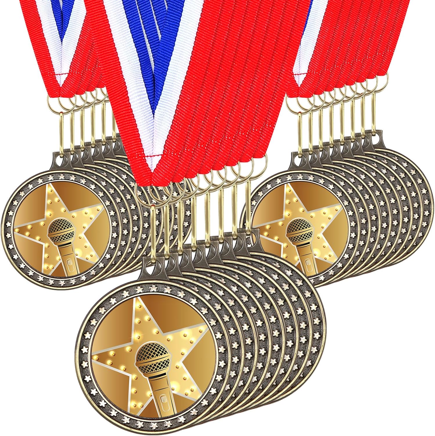 24 Pcs Microphone Music Medals with Neck Ribbons 1.97 Inches Microphone Music Award Trophy for Singing Karaoke Talent Show (Gold)