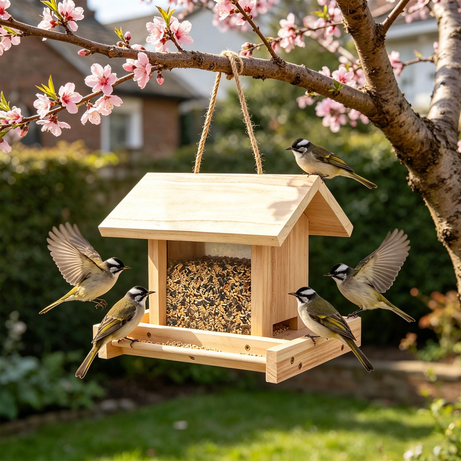 Vogelhaus aus Holz mit großem Fassungsvermögen und offenem Futterplatz und Schutzdach für den Außenbereich