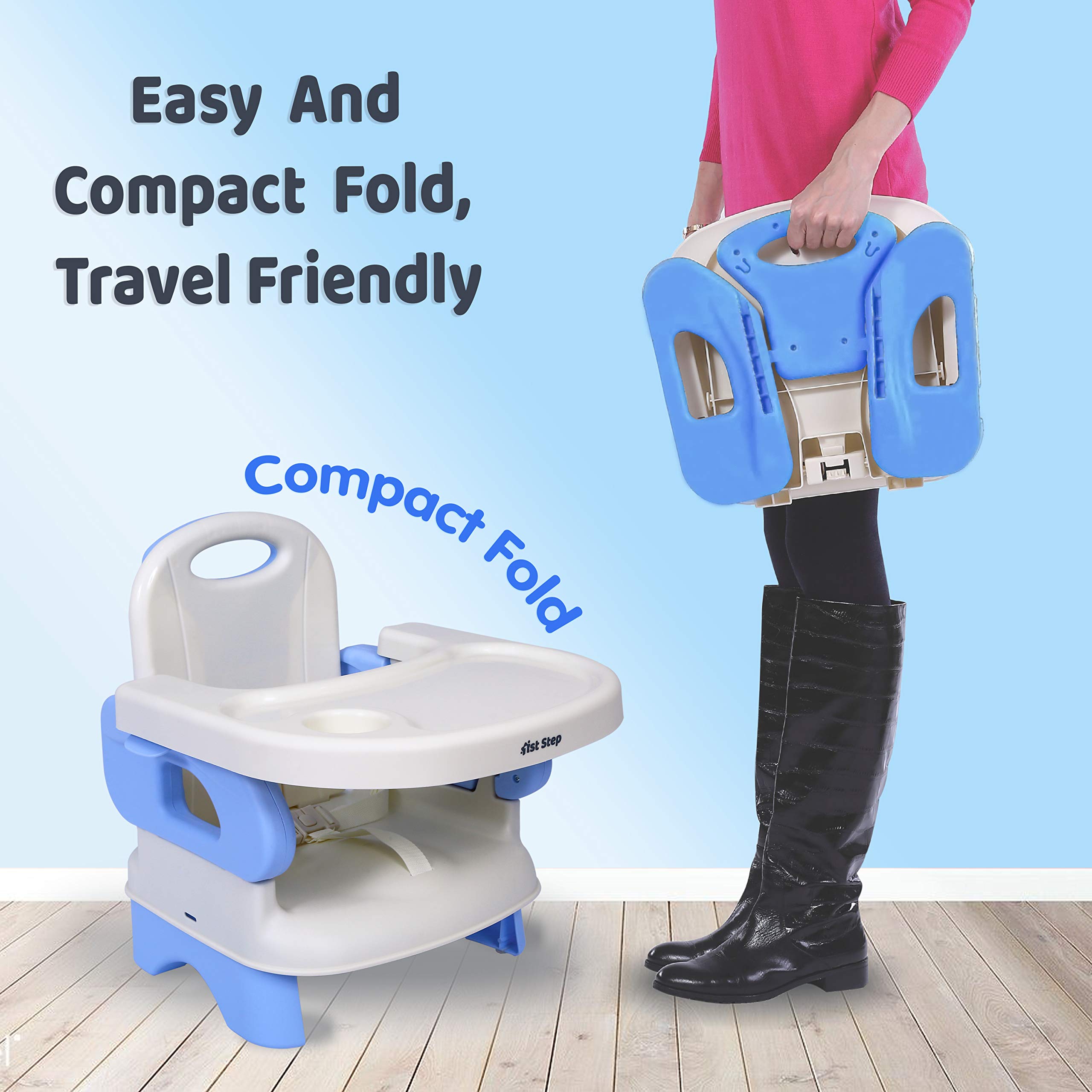 1st Step 2 in 1 Portable Booster Seat Cum Feeding Chair with 2 Level Height Adjustment and 5 Point Safety Harness (Blue) 3