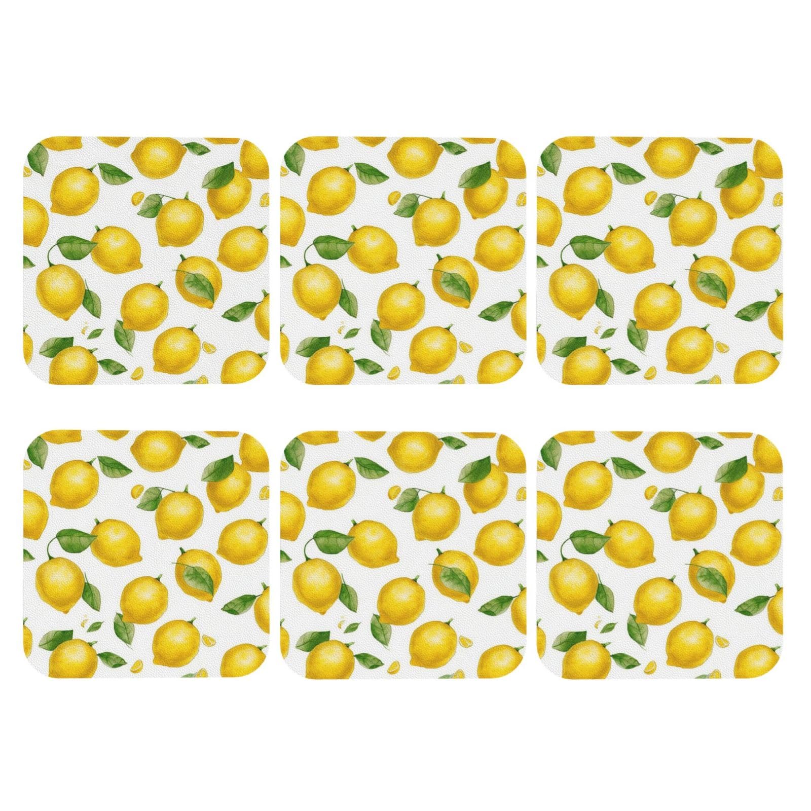 6pcs Leather Coasters for Drinks, Yellow Lemon Drink Coasters for Tabletop Protection, 4" Cup Coasters for Coffee Table Decor, Non-Slip Drinking Cup Mat for Hot Or Cold Drink
