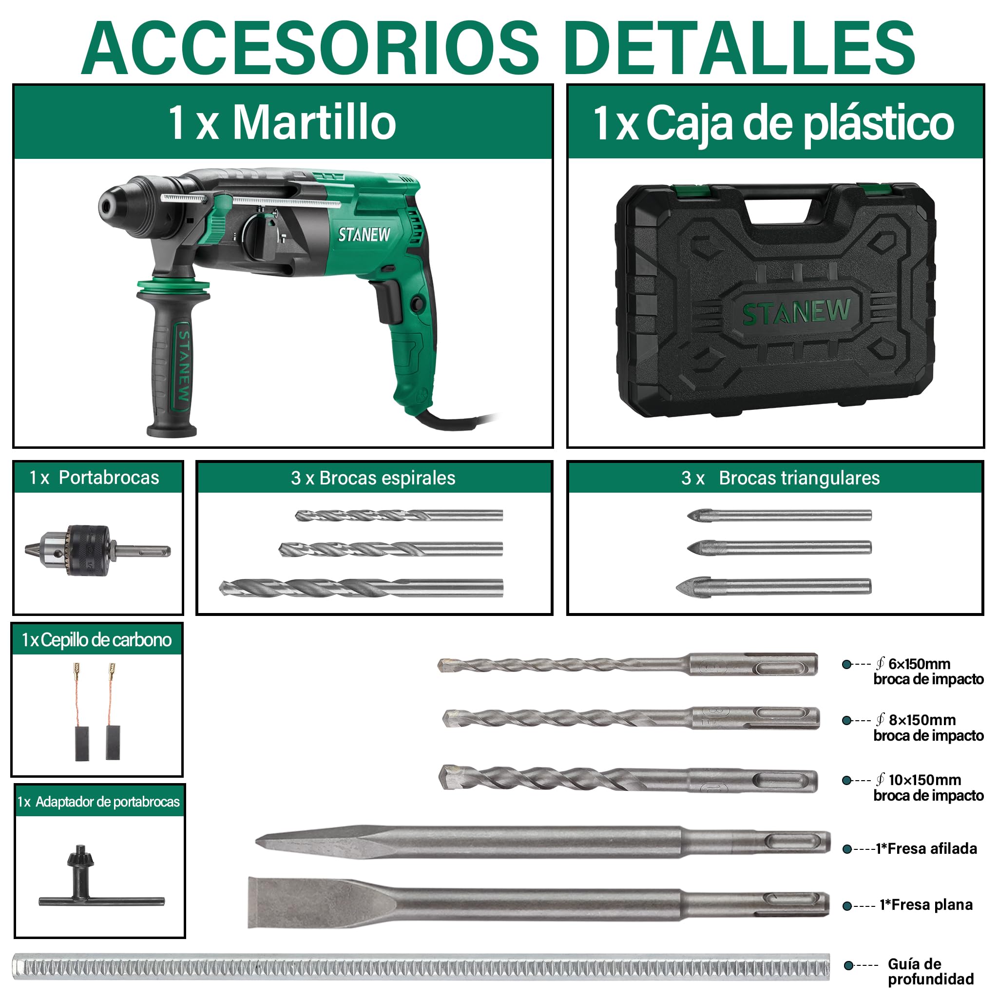 STANEW Taladro Percutor con Cable SDS Plus 950W y 16 Accesorios, Martillo perforador con 0-1150RPM/5100BPM con 4 Funciones y Embrague de Seguridad, Velocidad Variable, Hormigón, Acero, Madera