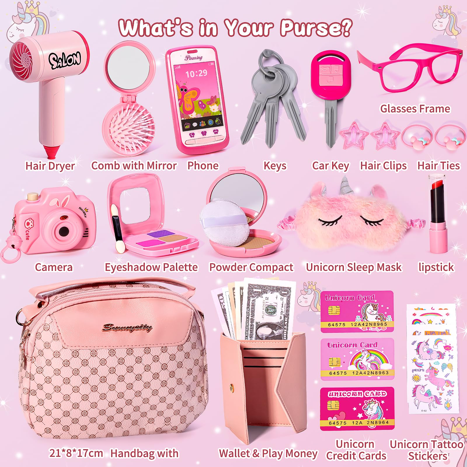 Monedero para niñas pequeñas con accesorios, bolso con maquillaje de simulación para niñas, incluye tatuajes de unicornio, máscara de dormir para niños, secador de pelo, juguetes de juego de princesa 2