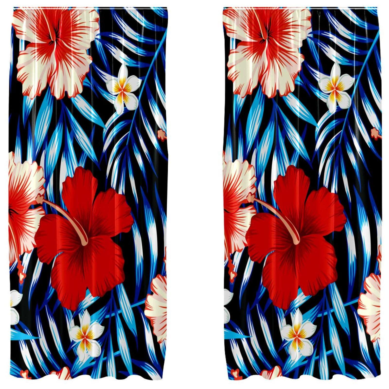 Rideaux bleu tropical à motif floral et feuilles | Voilages légers imprimés