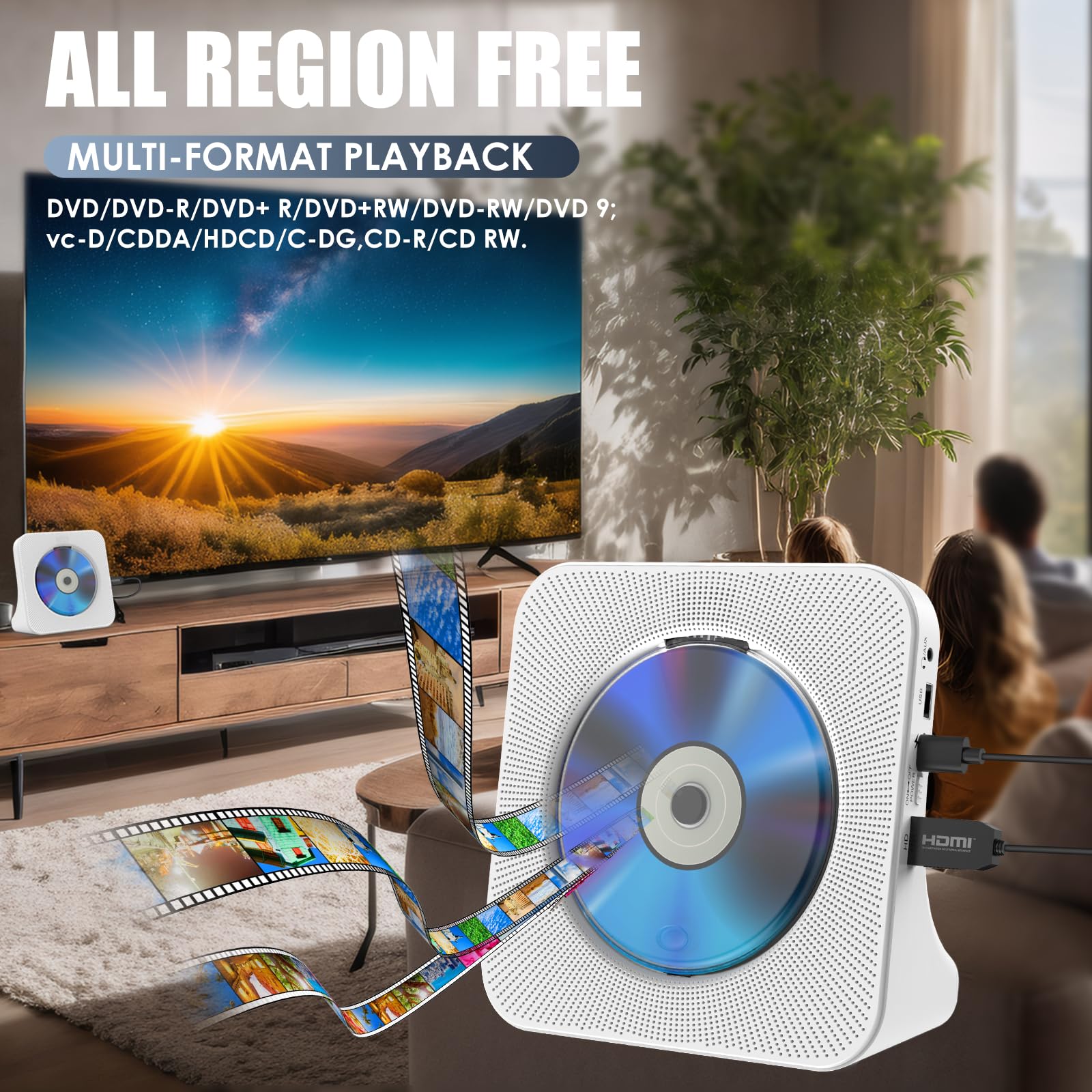 Gueray Lettore DVD per TV Lettore DVD/CD da Tavolo per la Casa con Altoparlanti Bluetooth Display Sveglia Radio FM con Lettore CD Riproduzione di Schede USB Include Telecomando HDMI Cavo(Bianco)